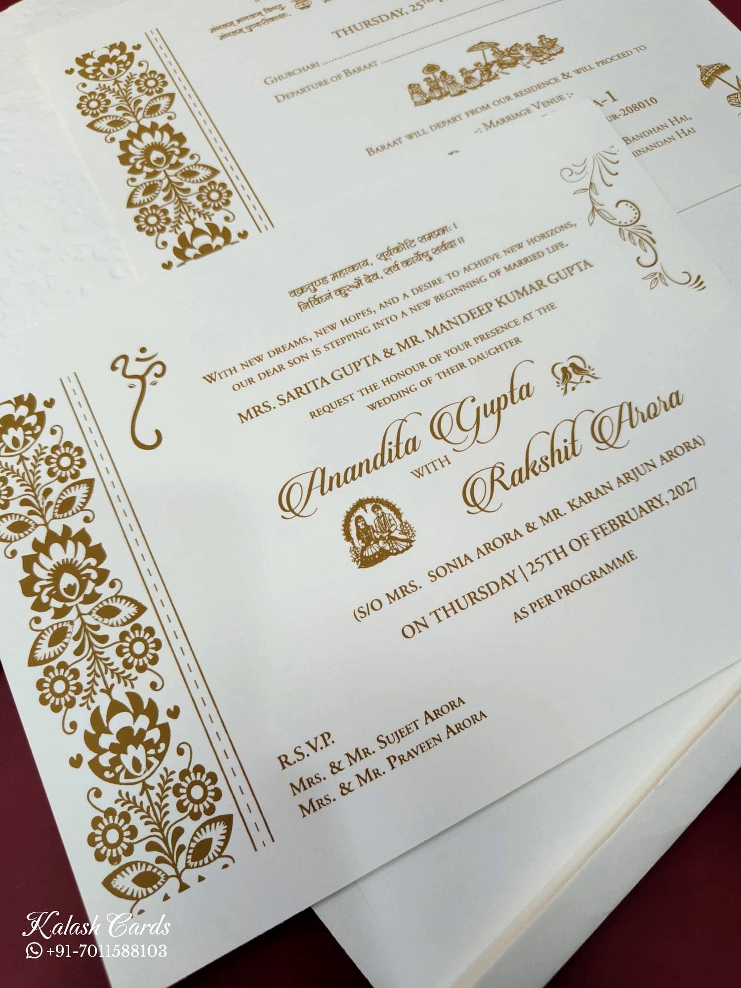 KLB572 Floral Design Creme Color Embossed Semi Box Wedding Card (2 Page)