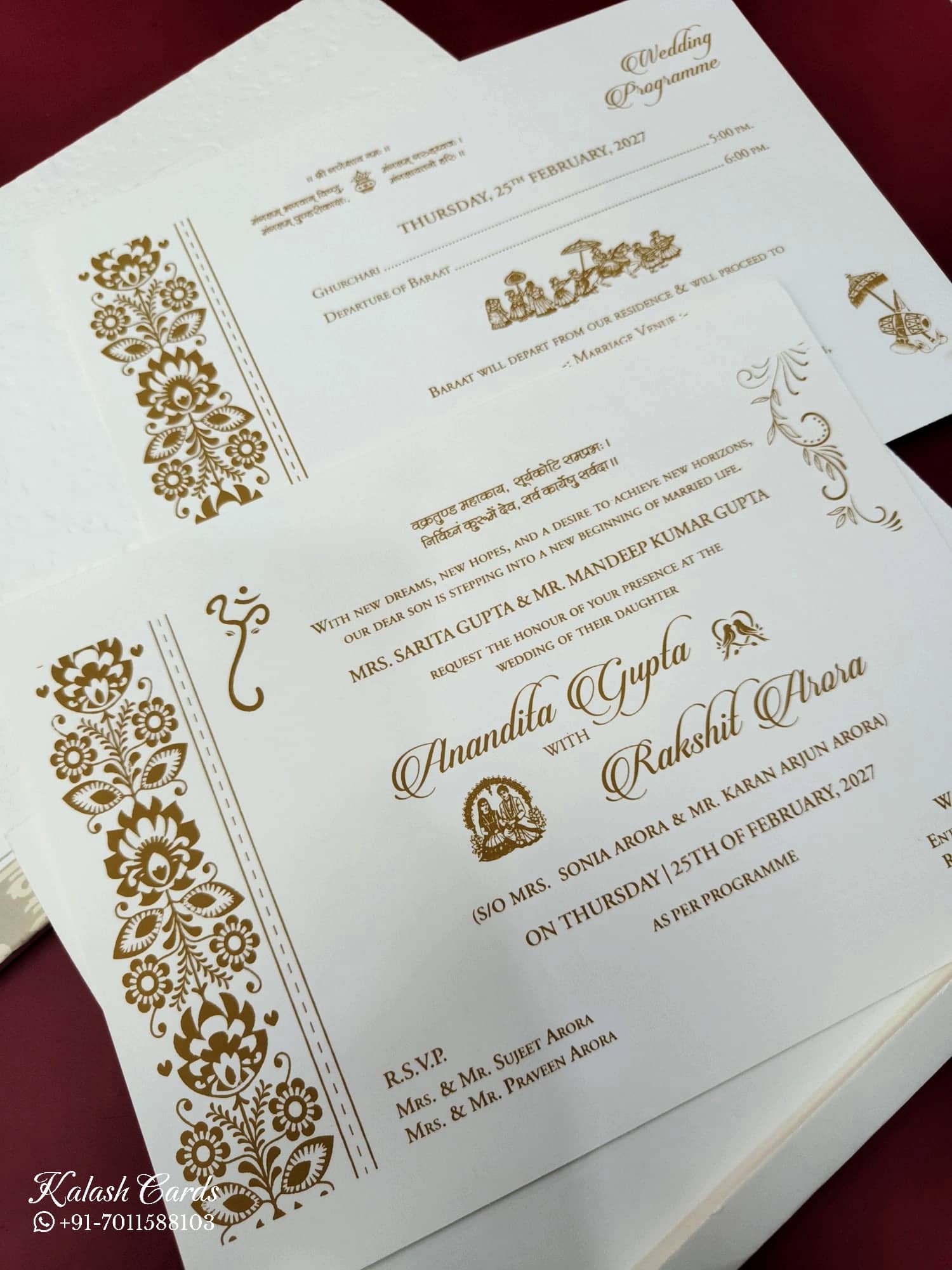 KLB572 Floral Design Creme Color Embossed Semi Box Wedding Card (2 Page)