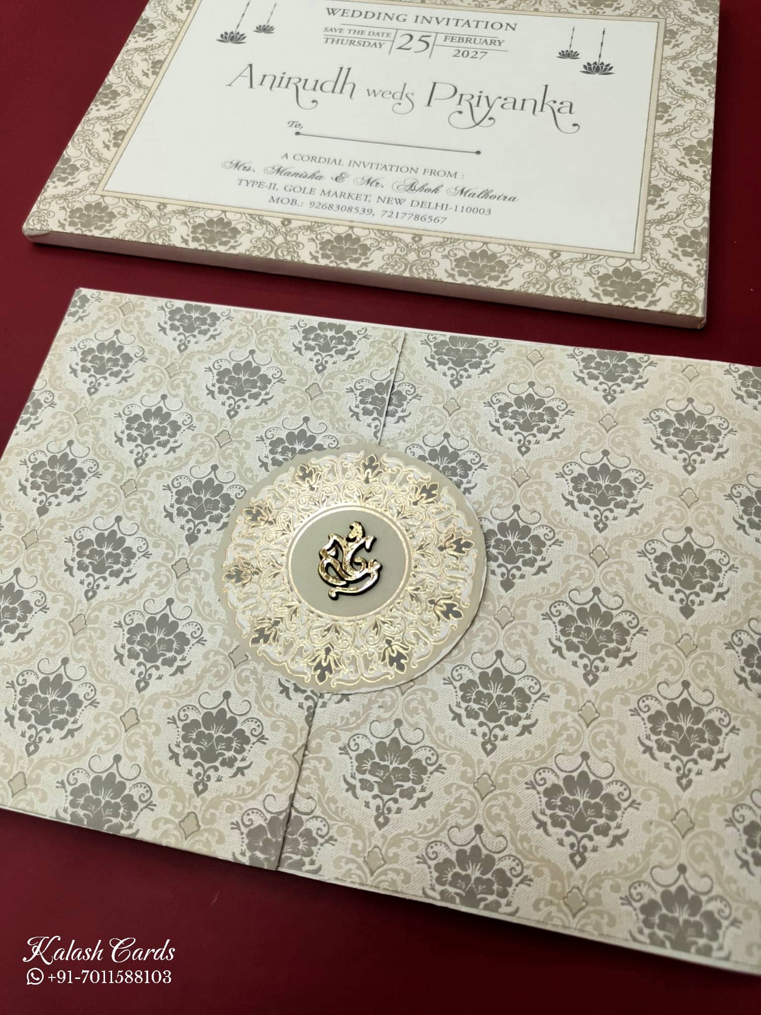 KLB577 Floral Traditional Design White Grey Color Semi Box Wedding Card (2 Page)