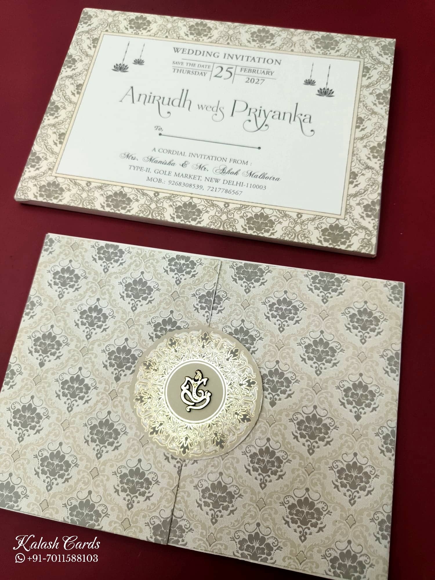 KLB577 Floral Traditional Design White Grey Color Semi Box Wedding Card (2 Page)