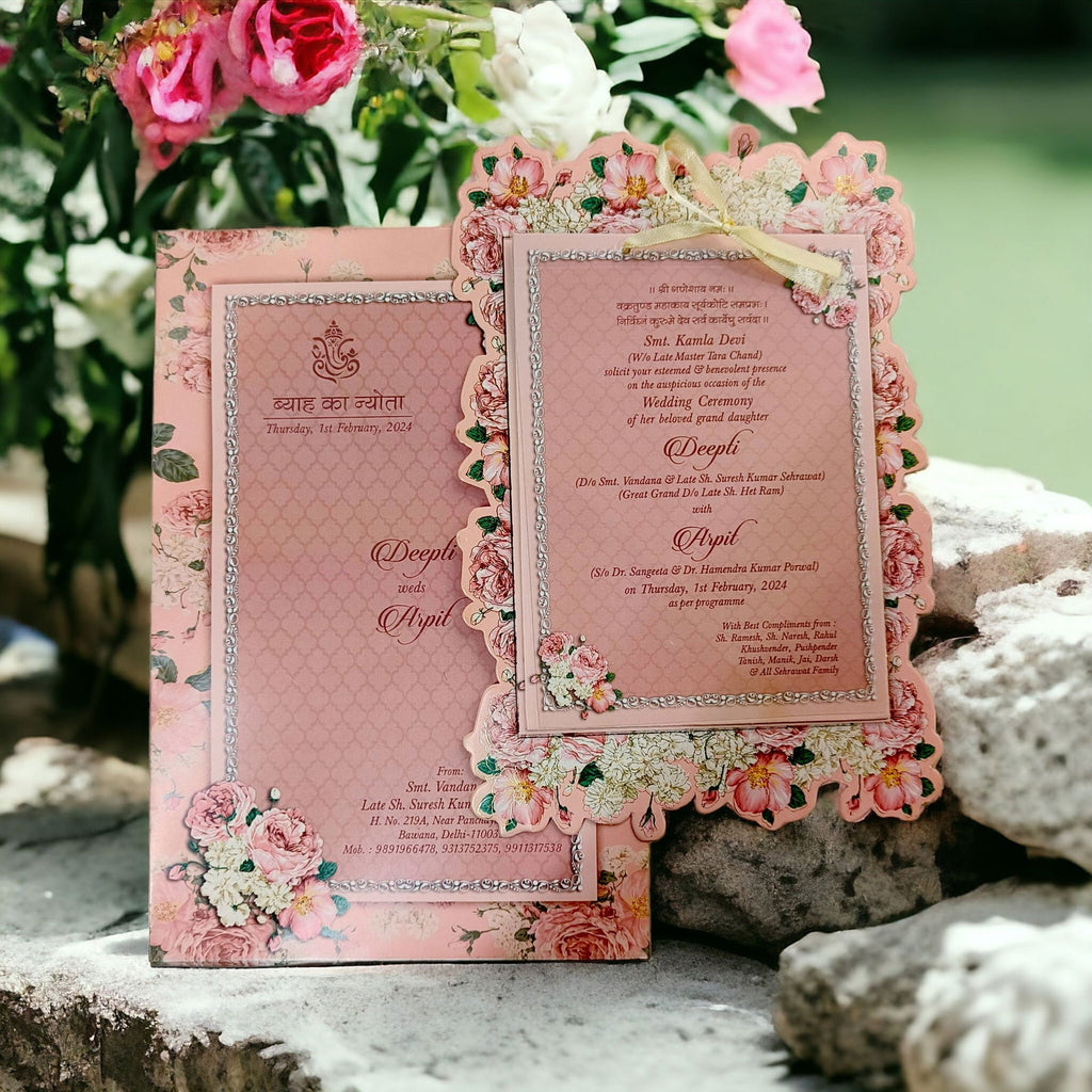 KLB583 Floral Design Paper Wedding Card with 2 Inserts and 1 Transparent Insert - Kalash Cards