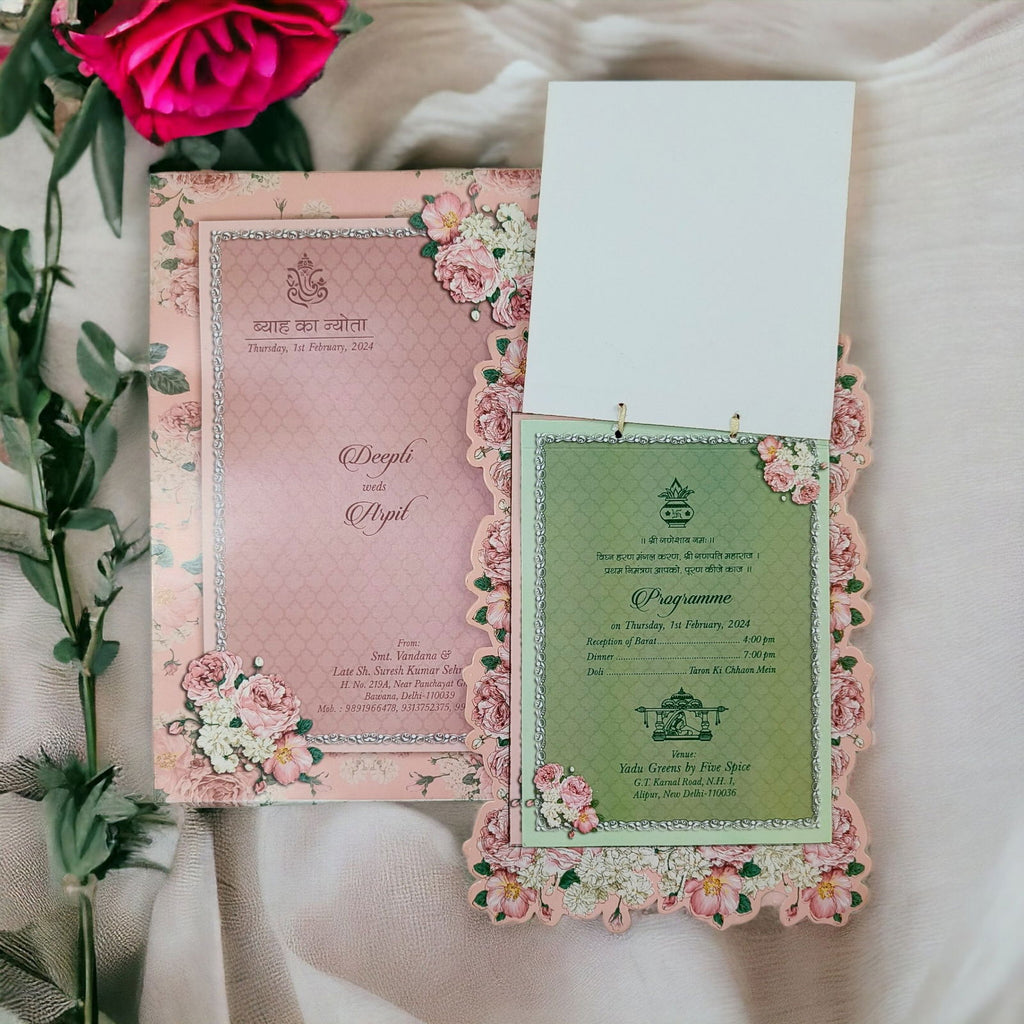 KLB583 Floral Design Paper Wedding Card with 2 Inserts and 1 Transparent Insert - Kalash Cards