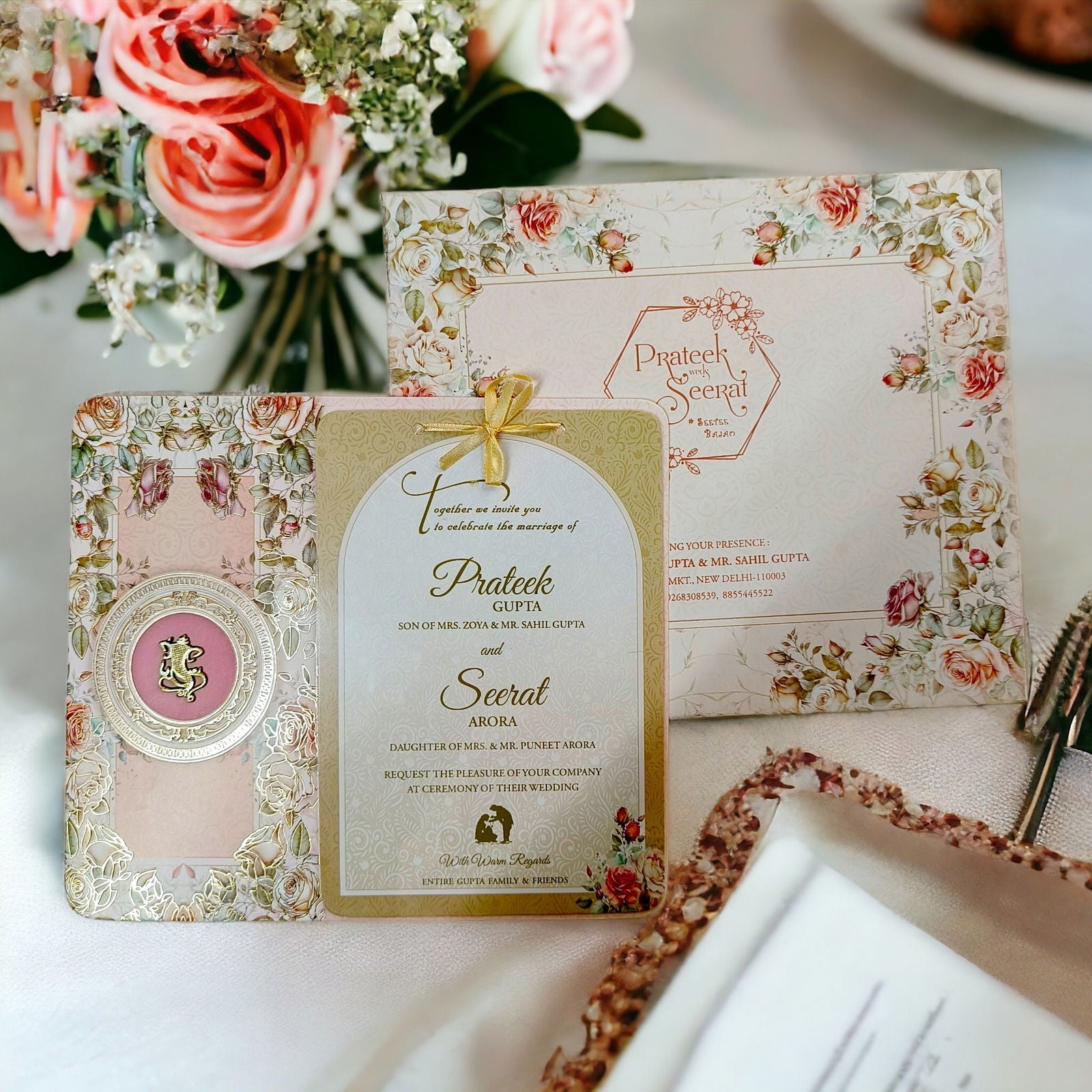 KLB587 Flower Design Paper Wedding Card with 2 Inserts and 1 Transparent Insert - Kalash Cards