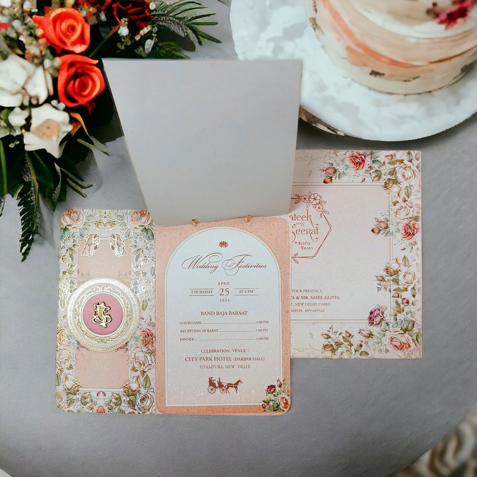 KLB587 Flower Design Paper Wedding Card with 2 Inserts and 1 Transparent Insert - Kalash Cards