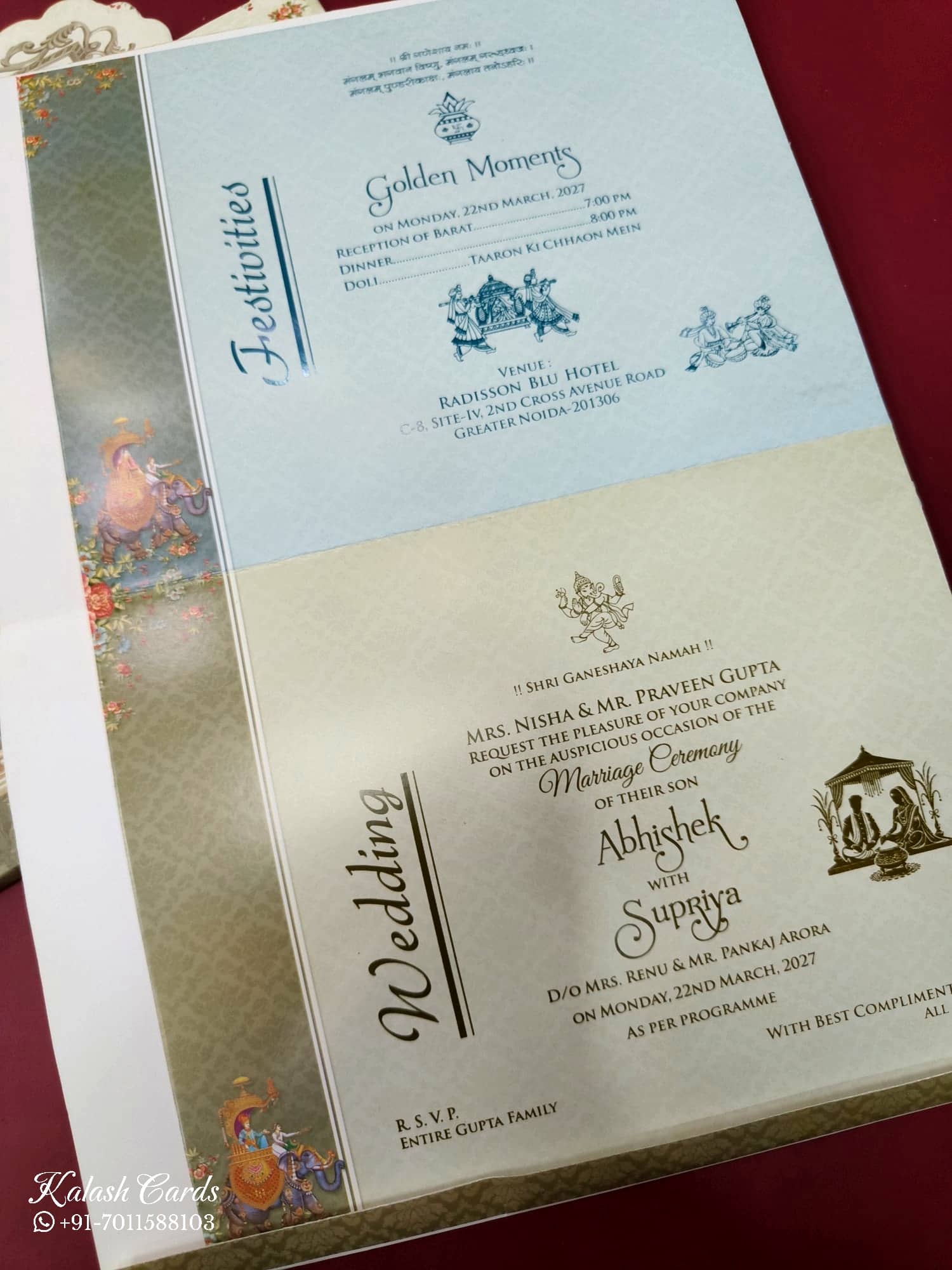 KLB589 Raja Rani Elephant Design Green Color Semi Box Wedding Card (2 Page)