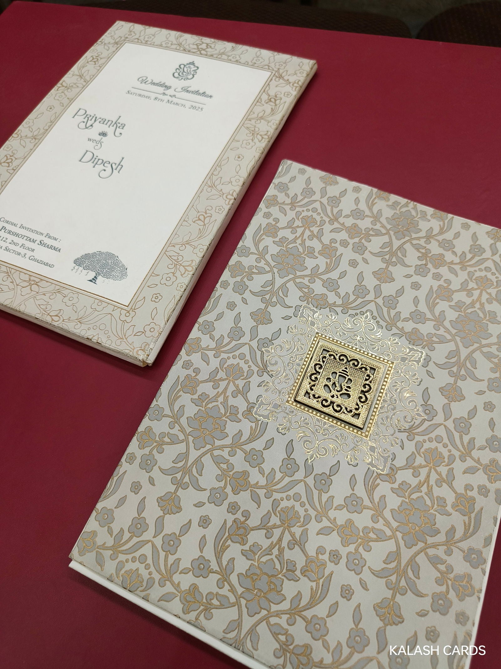 KLB589 Floral Design Semi Box Paper Wedding Card - Kalash Cards