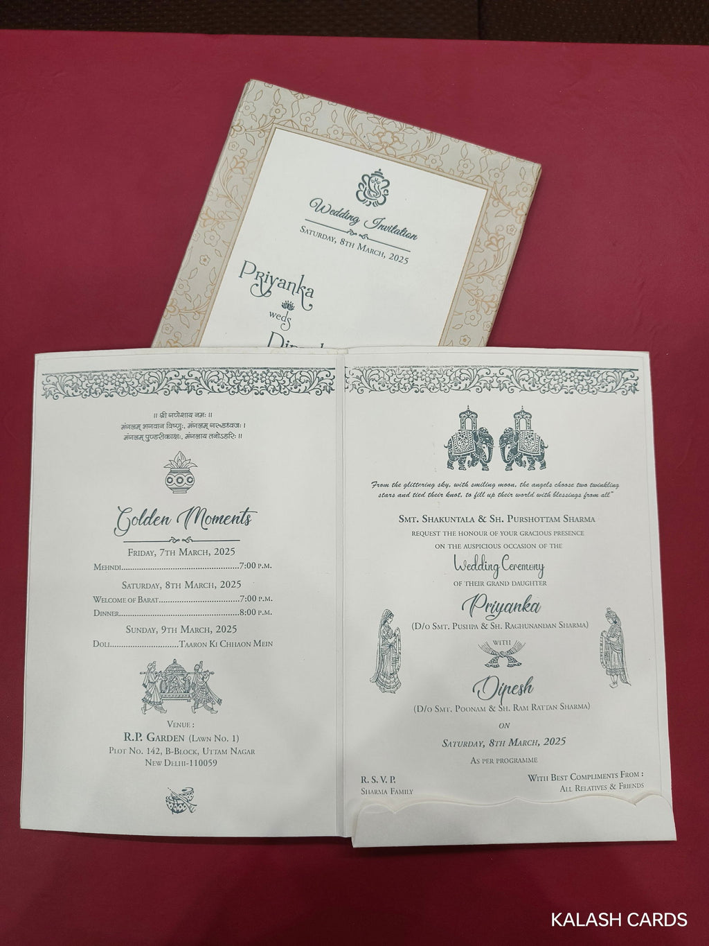 KLB589 Floral Design Semi Box Paper Wedding Card - Kalash Cards