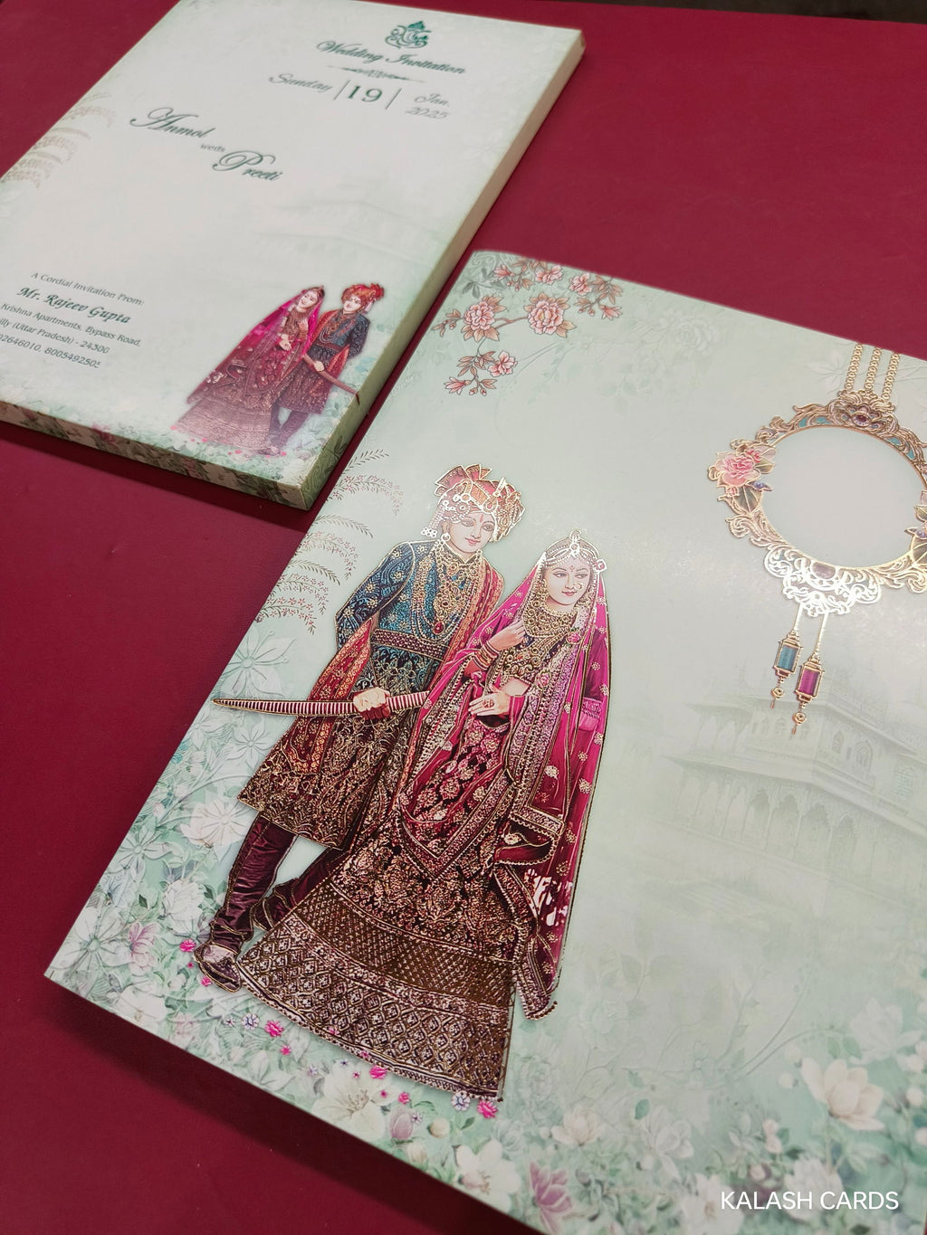 KLB593 Dulha Dulhan Design Semi Box Paper Wedding Card - Kalash Cards