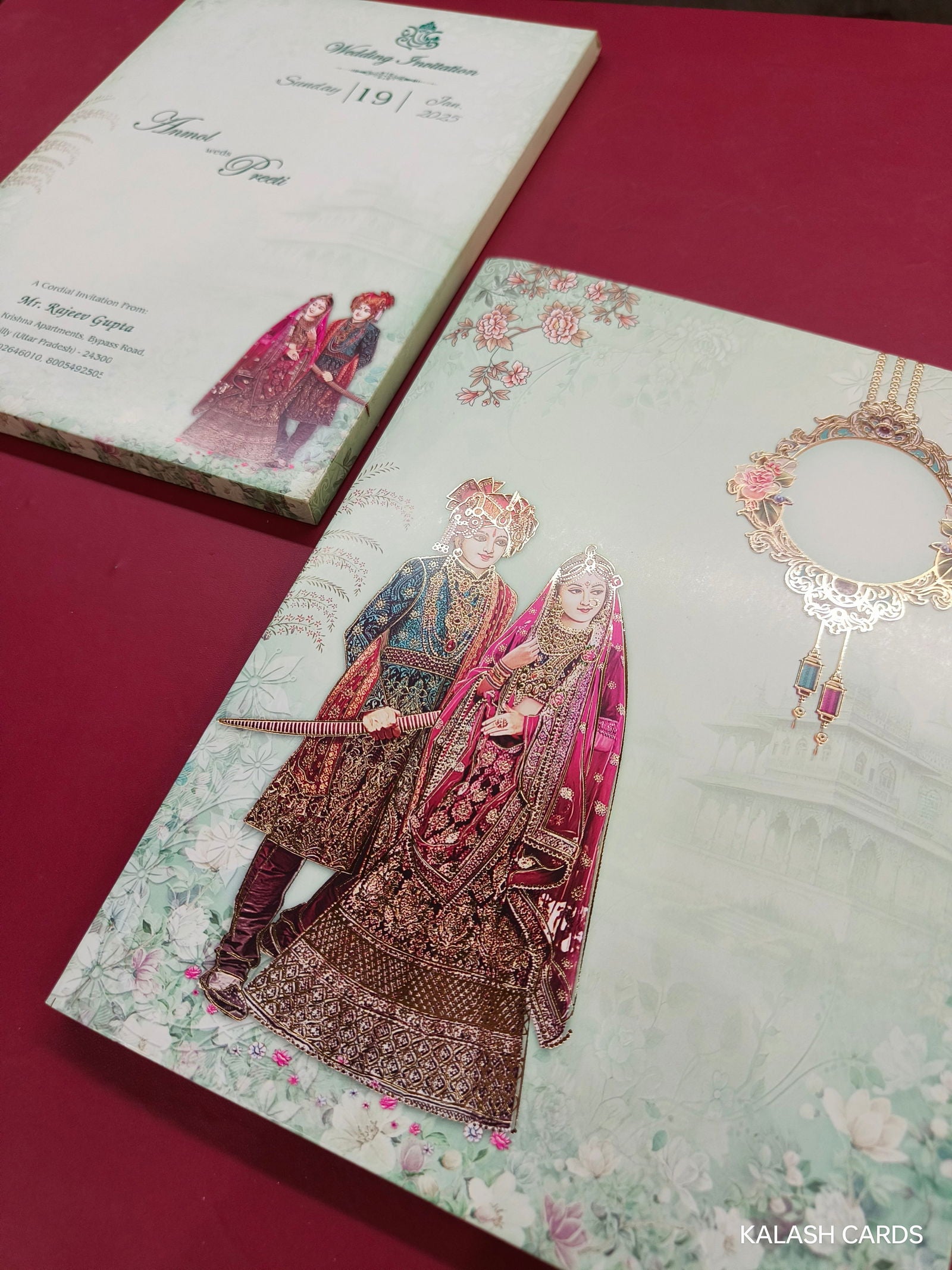 KLB593 Dulha Dulhan Design Semi Box Paper Wedding Card - Kalash Cards