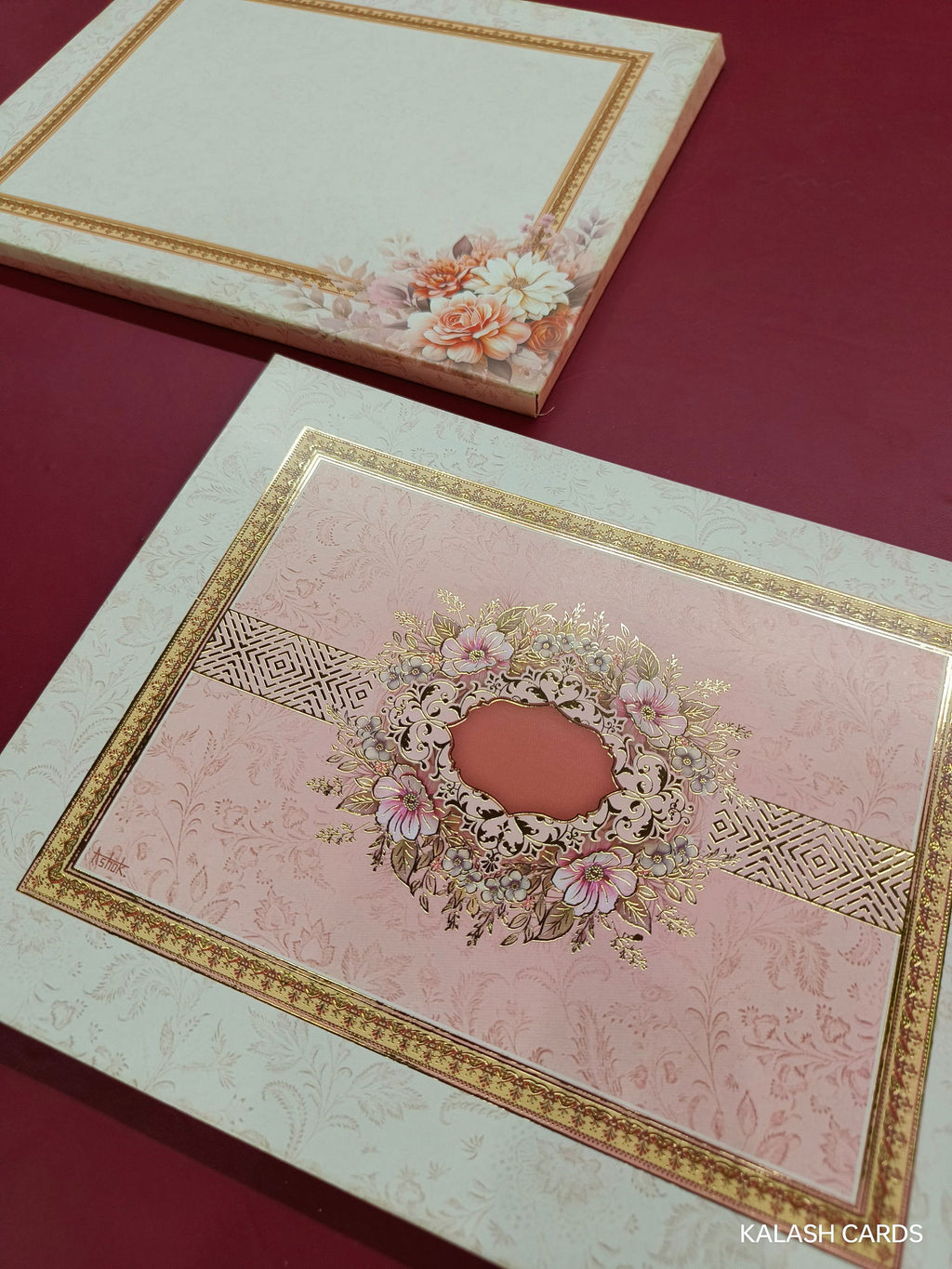 KLB594 Floral Design Semi Box Paper Wedding Card - Kalash Cards