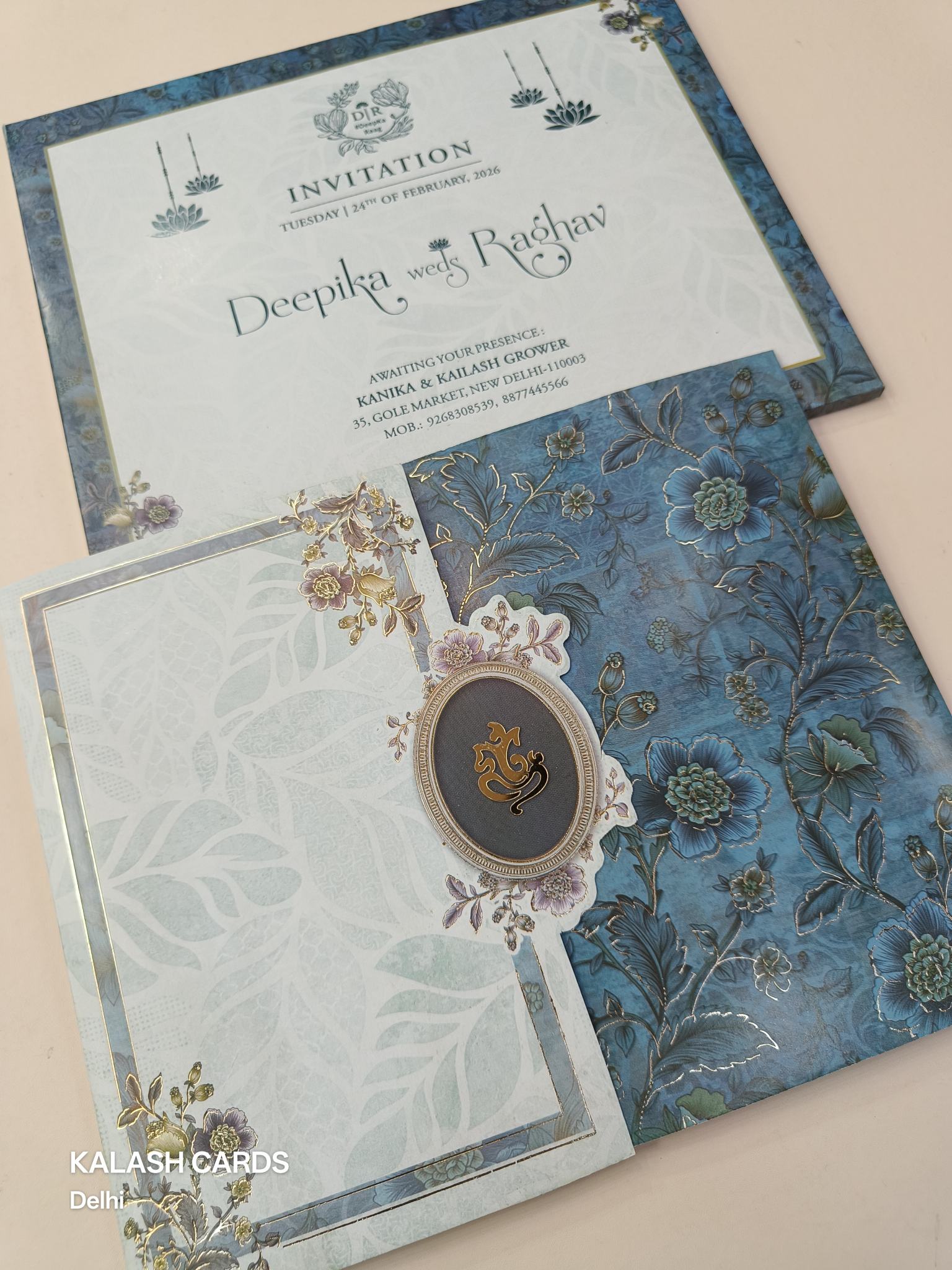 KLB603 Blue Floral Design Wedding Card (2 Page)-Kalash Cards