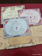 KLB607 Floral Design Semi Box Paper Wedding Card with Couple Name Acrylic Mirror - Kalash Cards