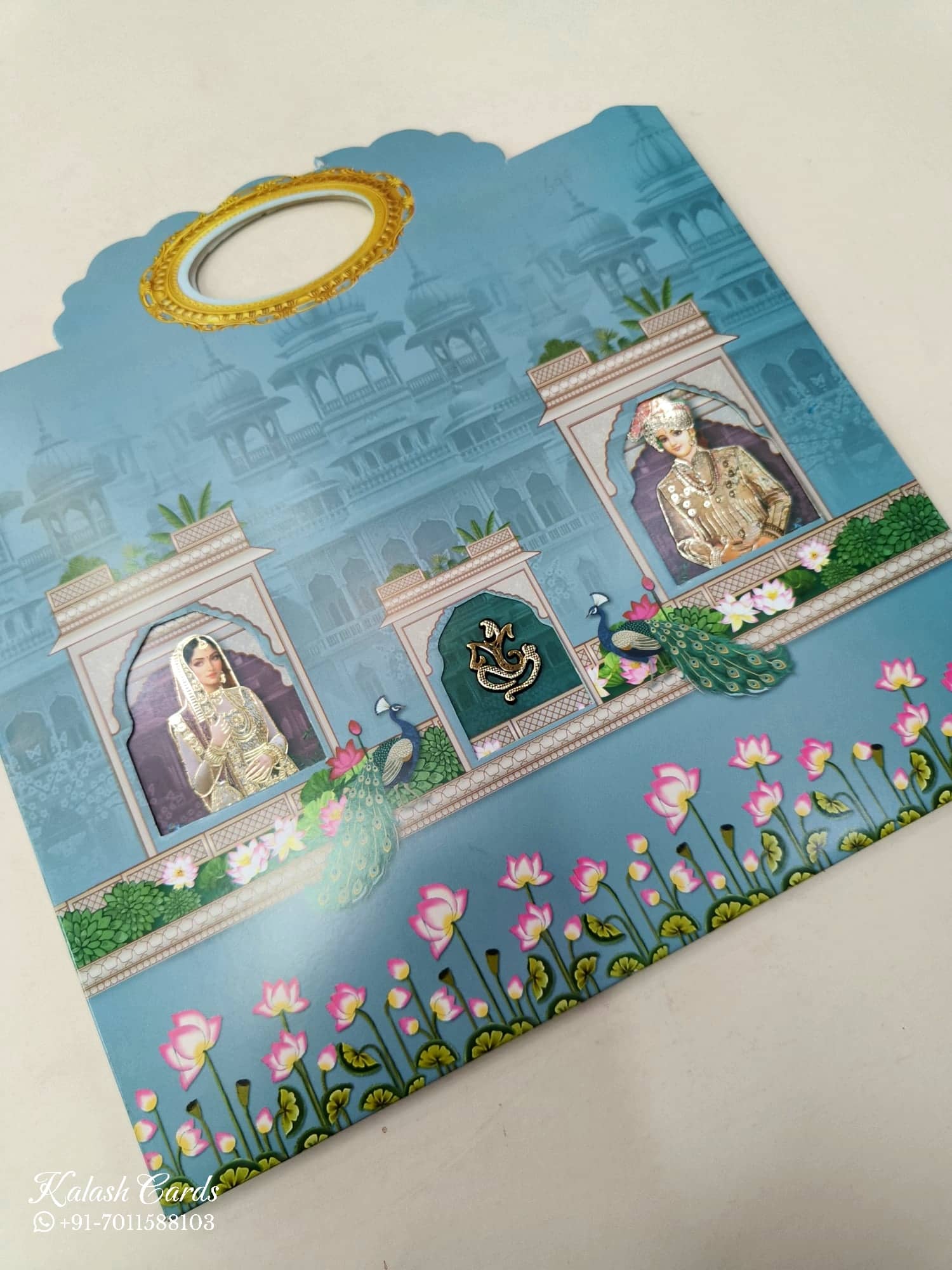 KLB608 Raja Rani Royal Fort Design Blue Color Carry Bag Style Semi Box Wedding Card (2 Page)