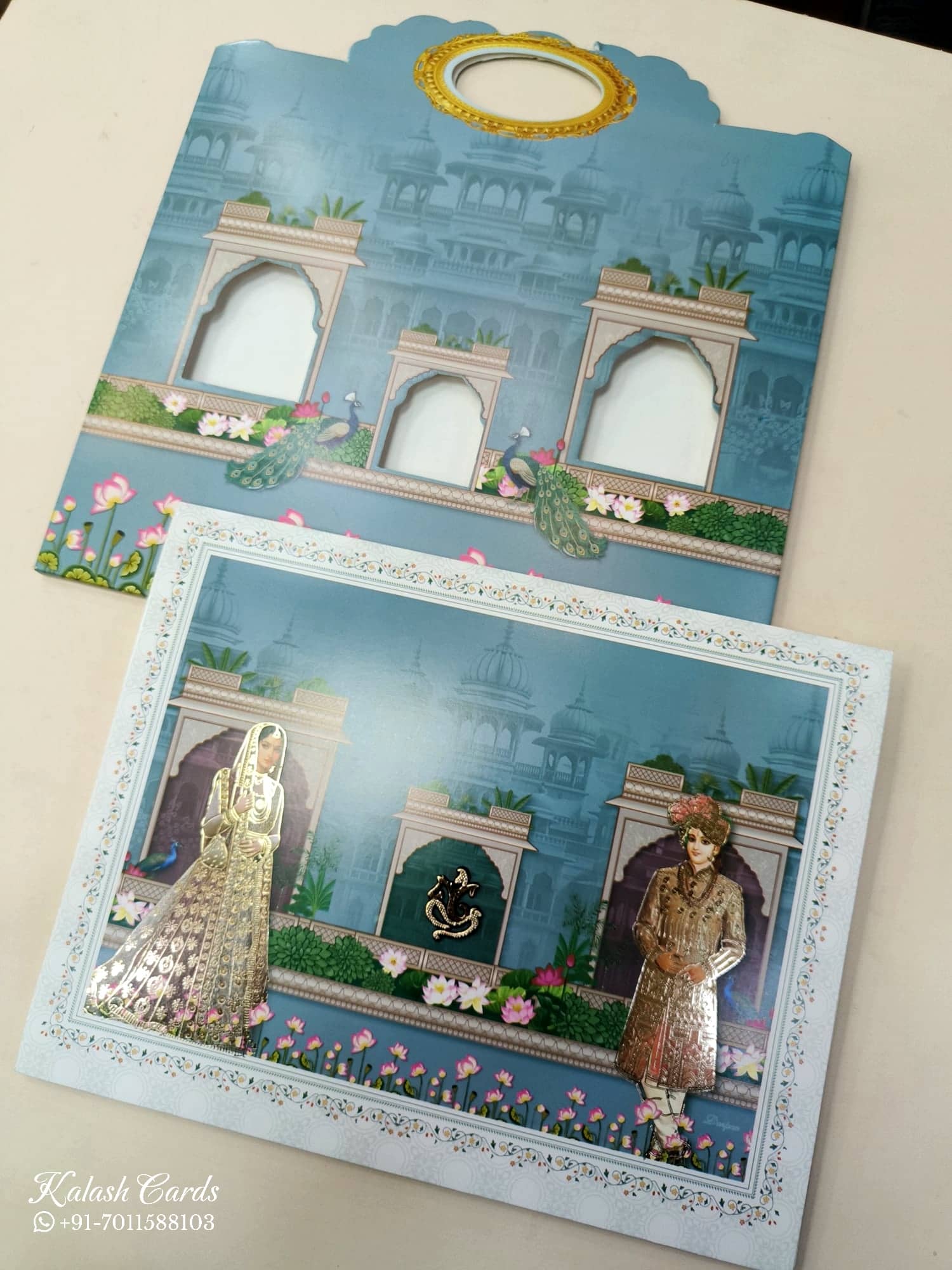 KLB608 Raja Rani Royal Fort Design Blue Color Carry Bag Style Semi Box Wedding Card (2 Page)