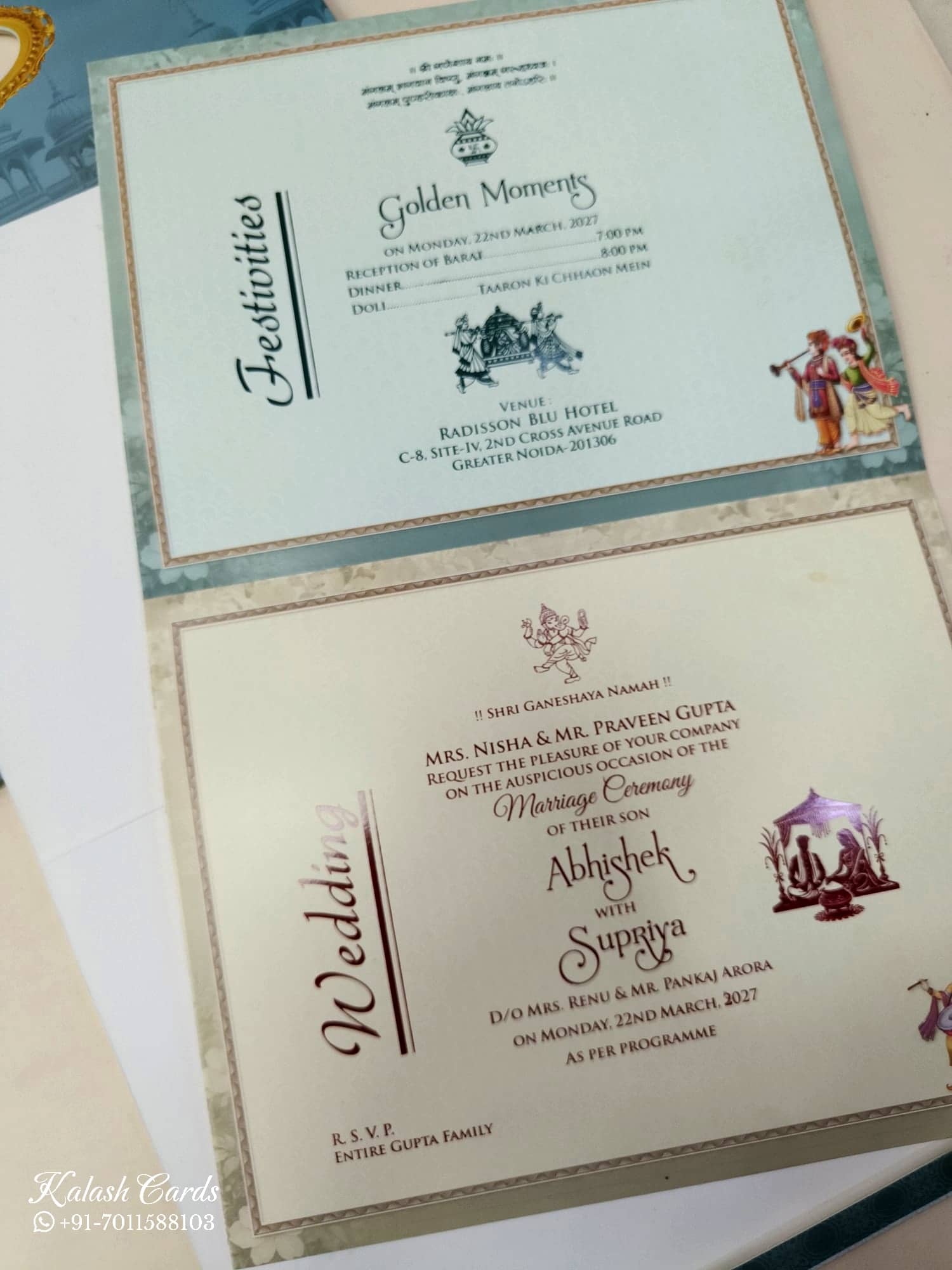 KLB608 Raja Rani Royal Fort Design Blue Color Carry Bag Style Semi Box Wedding Card (2 Page)