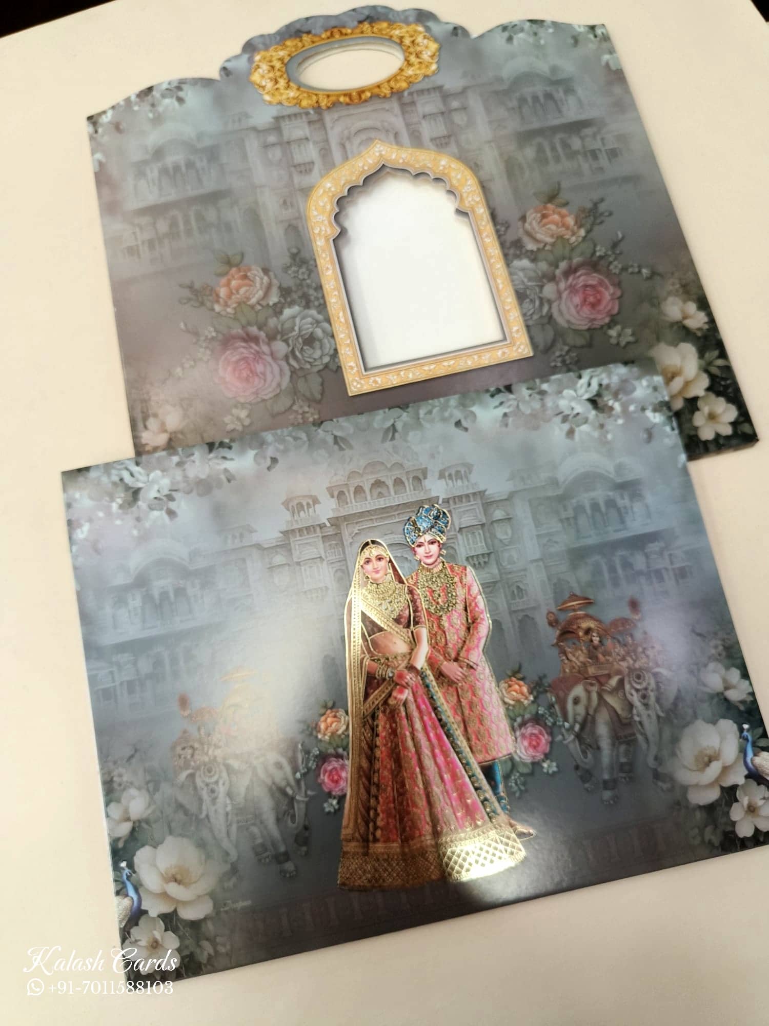 KLB610 Raja Rani Barat Design Grey Color Carry Bag Style Semi Box Wedding Card (2 Page)