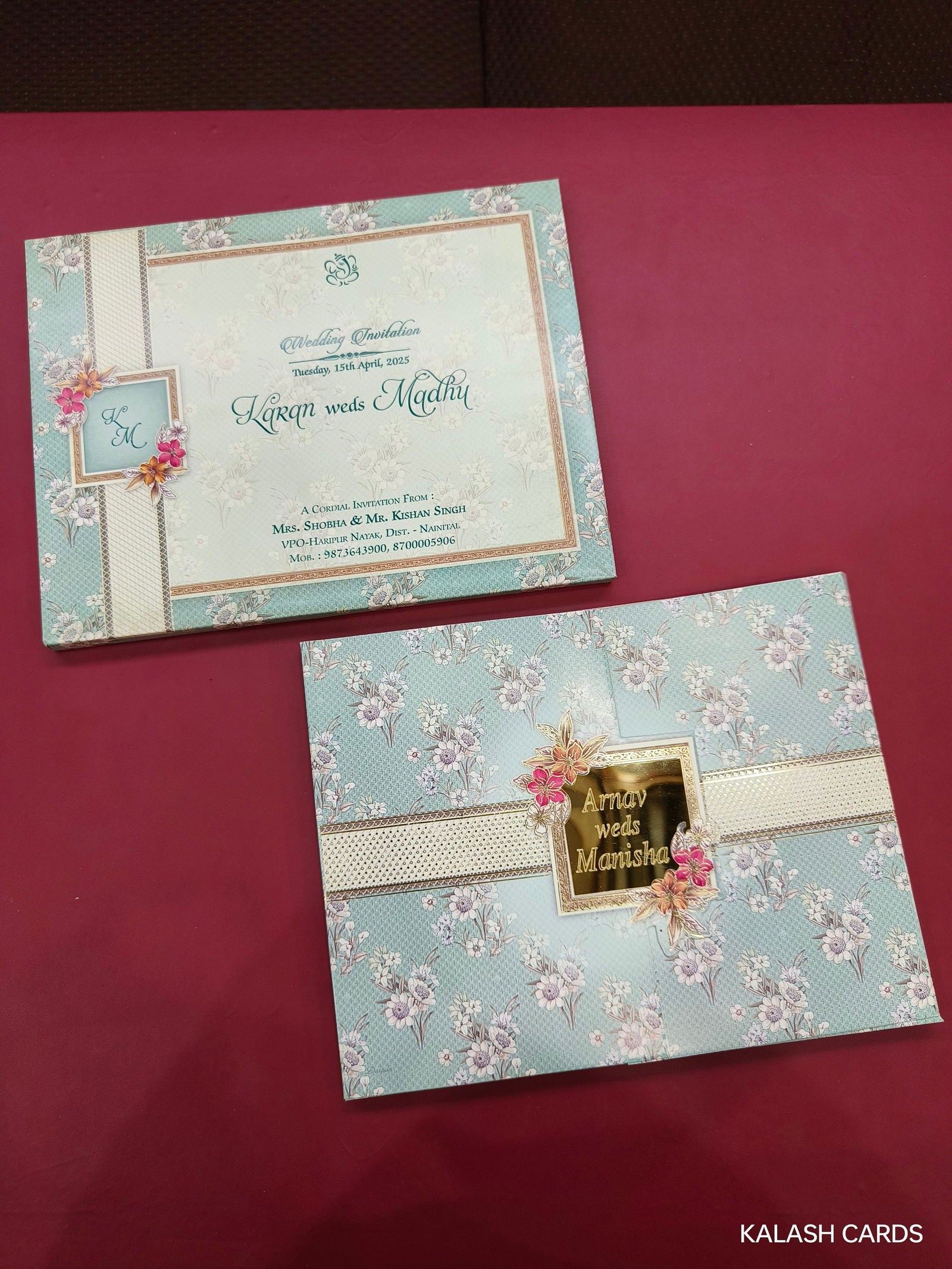 KLB610 Floral Design Semi Box Paper Wedding Card with Couple Name Acrylic Mirror - Kalash Cards
