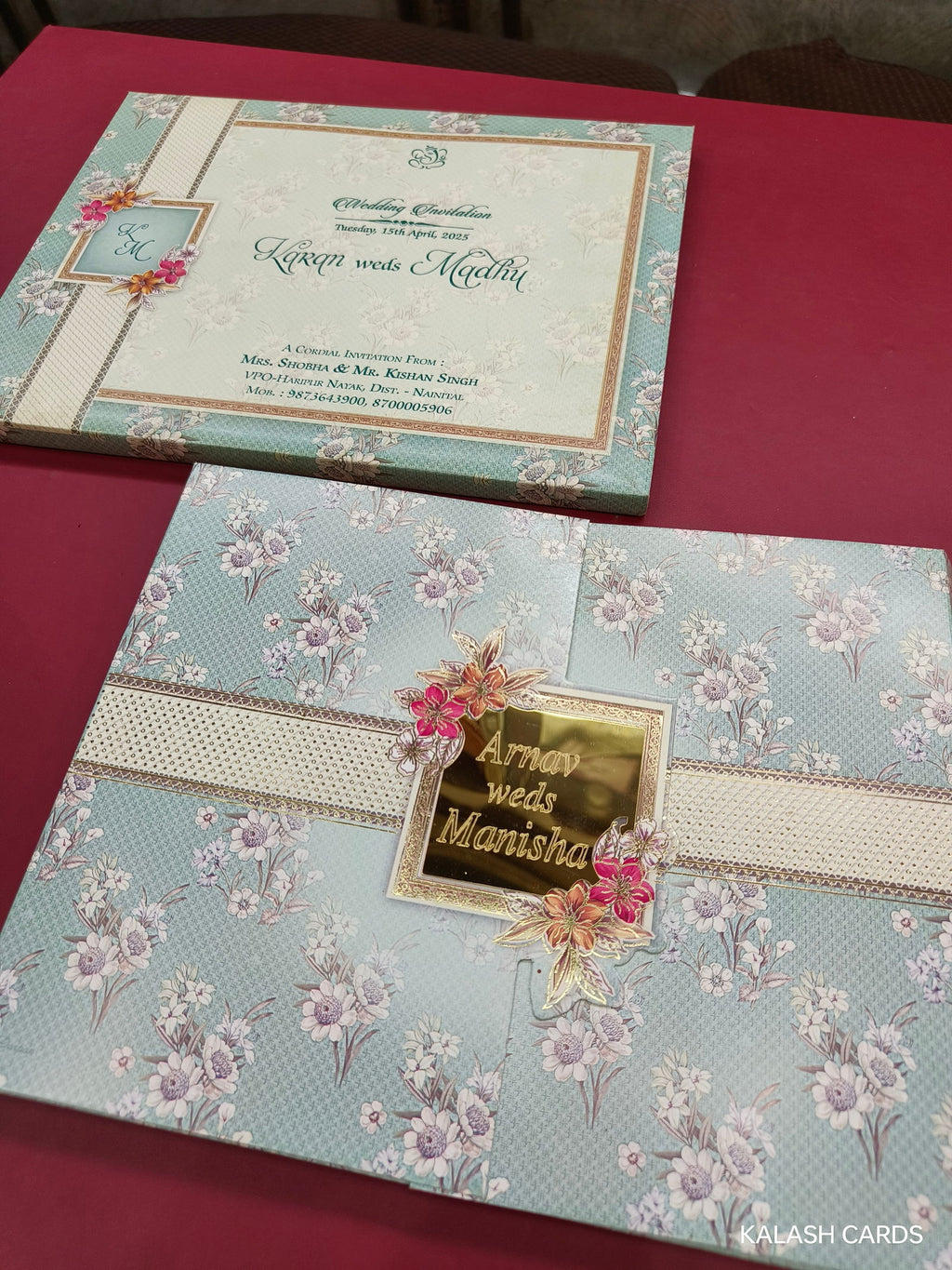 KLB610 Floral Design Semi Box Paper Wedding Card with Couple Name Acrylic Mirror - Kalash Cards