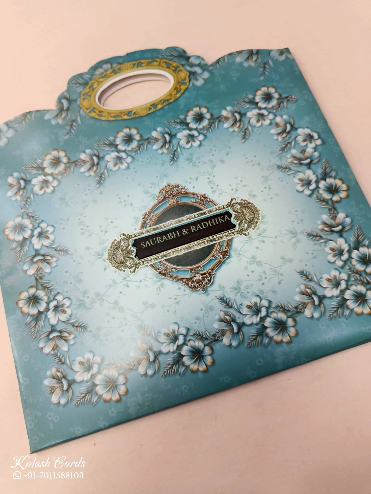 KLB611 Floral Design Blue Color Carry Bag Style Semi Box Wedding Card (2 Page)