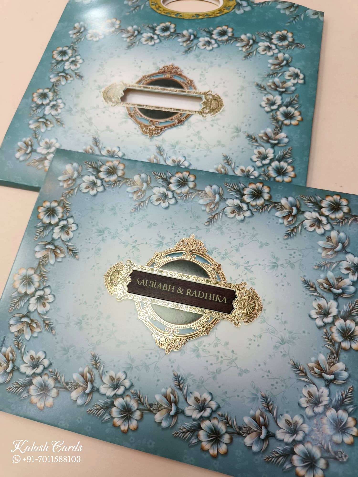 KLB611 Floral Design Blue Color Carry Bag Style Semi Box Wedding Card (2 Page)