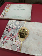 KLB611 Floral Design Semi Box Paper Wedding Card with Couple Name Acrylic Mirror - Kalash Cards
