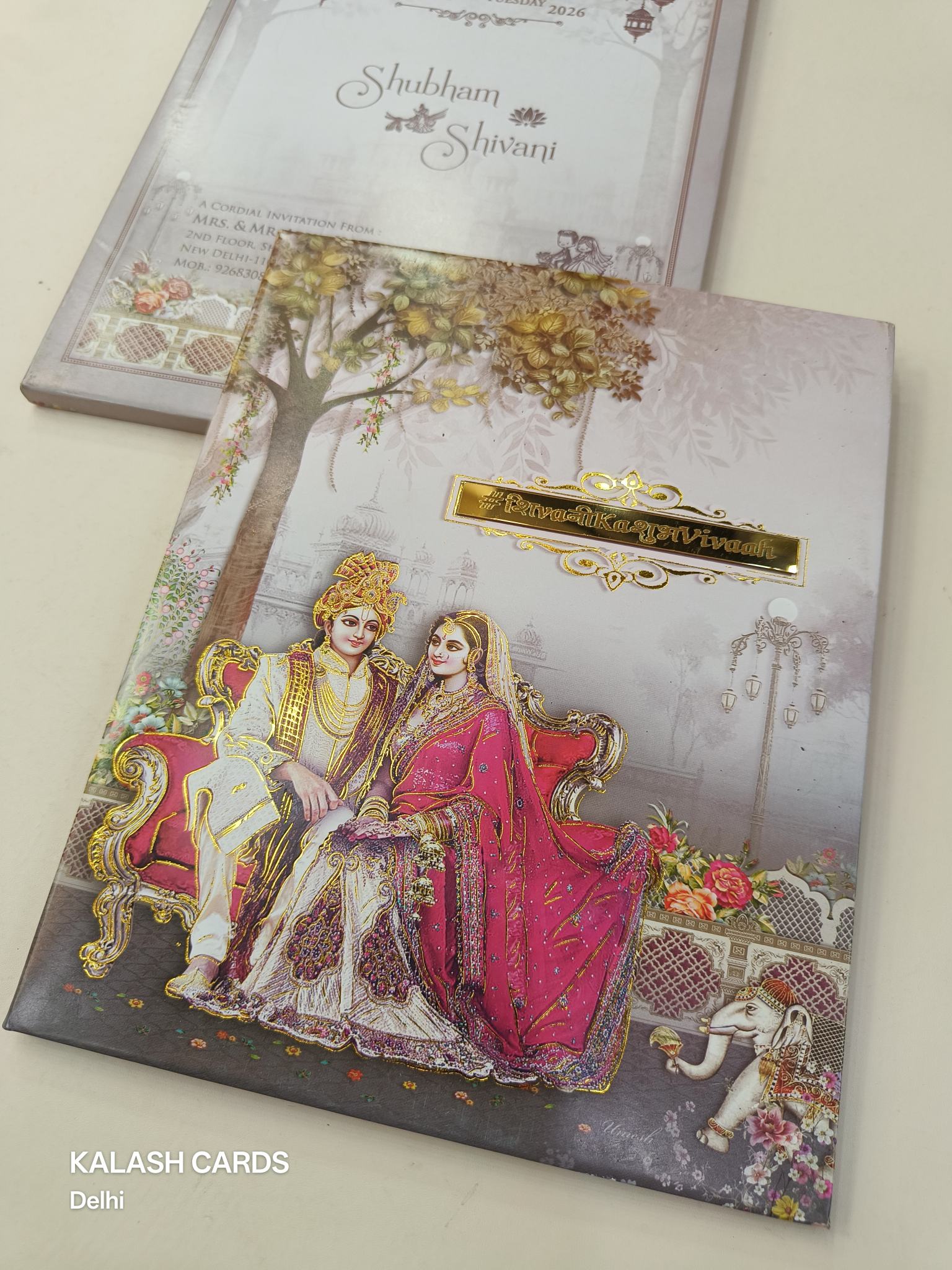 KLB614 Dulha Dulhan Design Padding Hardboard Thick Wedding Card (2 Page and Couple Name Acrylic Mirror)-Kalash Cards