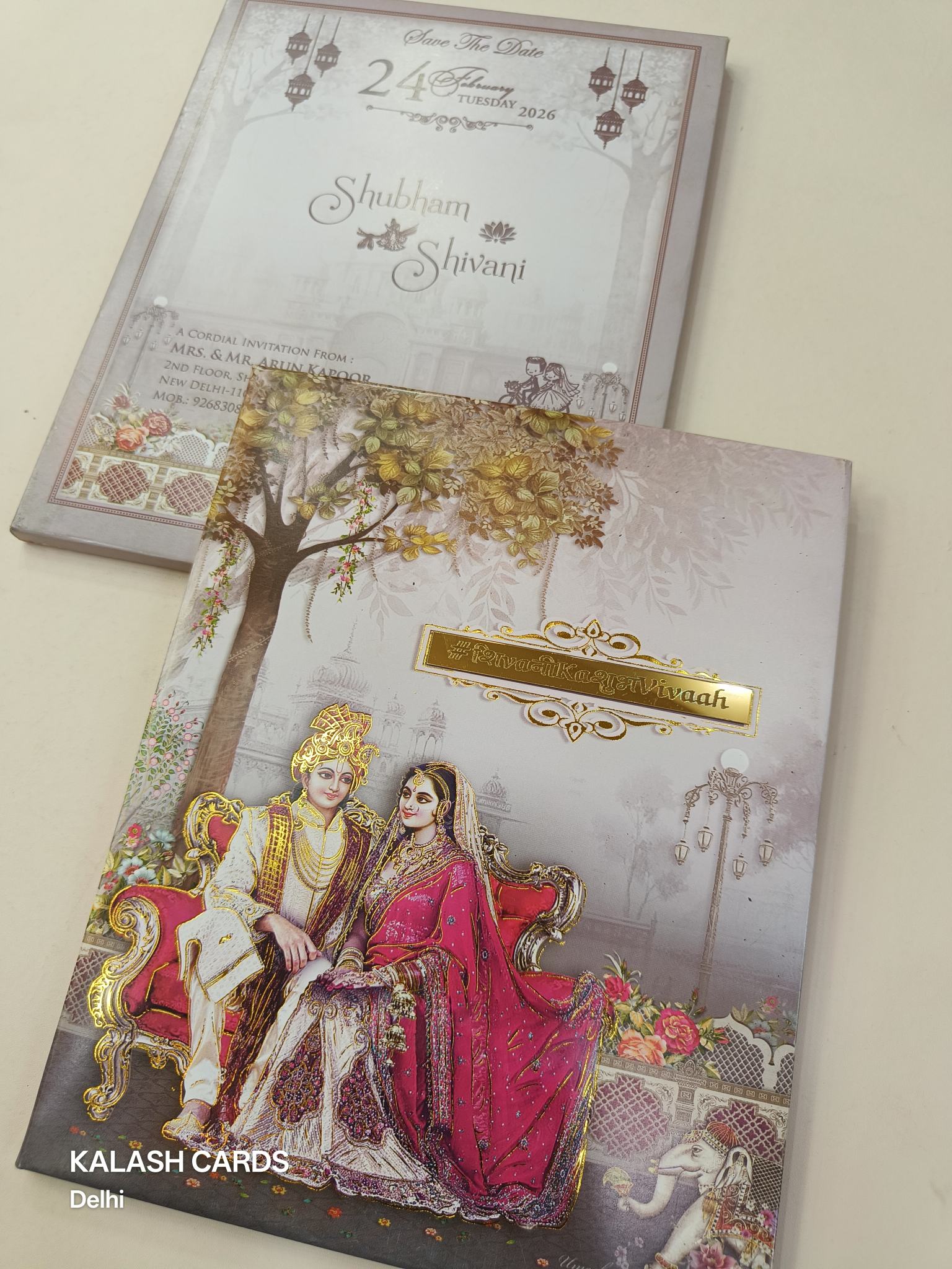 KLB614 Dulha Dulhan Design Padding Hardboard Thick Wedding Card (2 Page and Couple Name Acrylic Mirror)-Kalash Cards