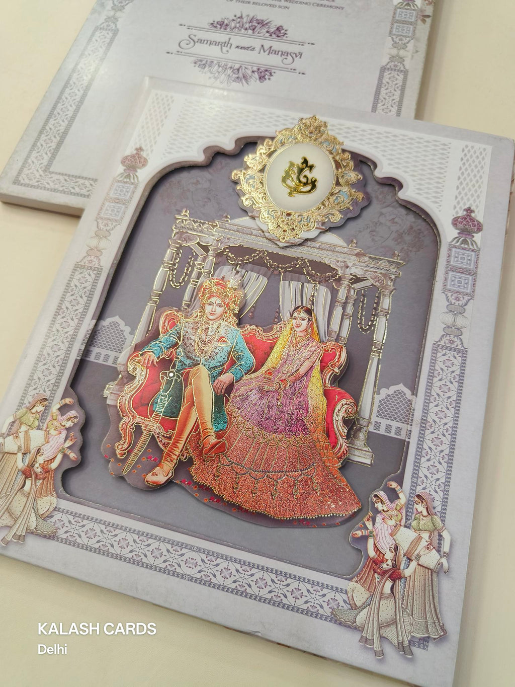 KLB616 Laser Cut Raja Rani theme Padding Hardboard Thick Wedding Card (2 Page)-Kalash Cards