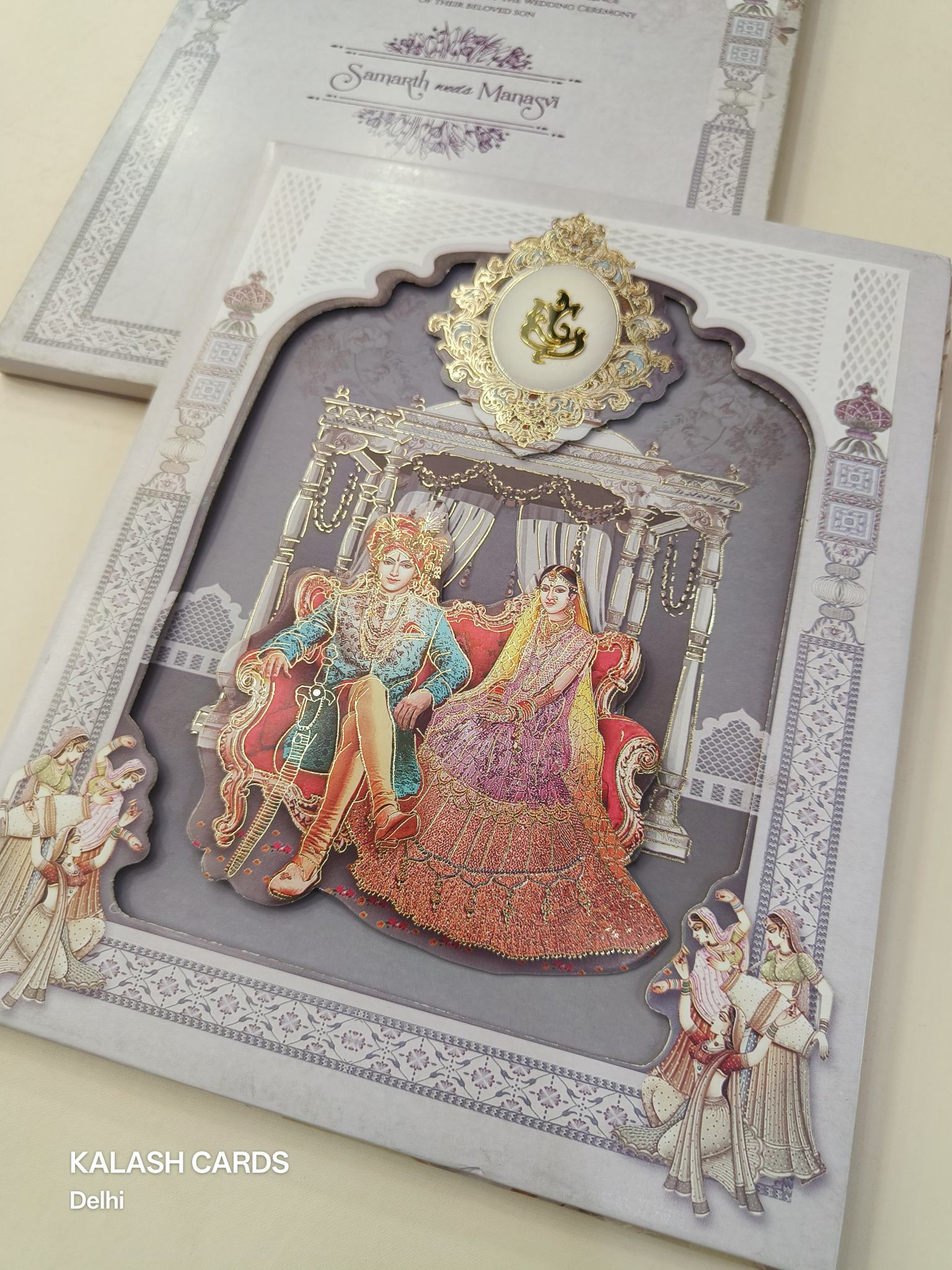 KLB616 Laser Cut Raja Rani theme Padding Hardboard Thick Wedding Card (2 Page)-Kalash Cards
