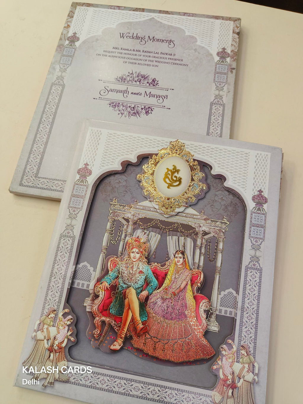 KLB616 Laser Cut Raja Rani theme Padding Hardboard Thick Wedding Card (2 Page)-Kalash Cards
