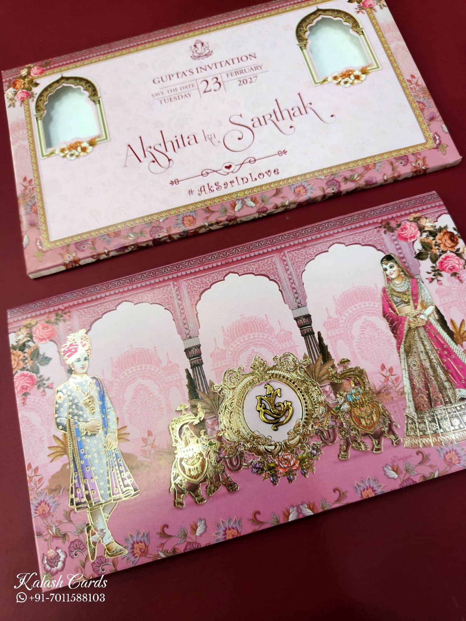 KLB619 Raja Rani Barat Design Pink Color Semi Box Wedding Card (2 Page)
