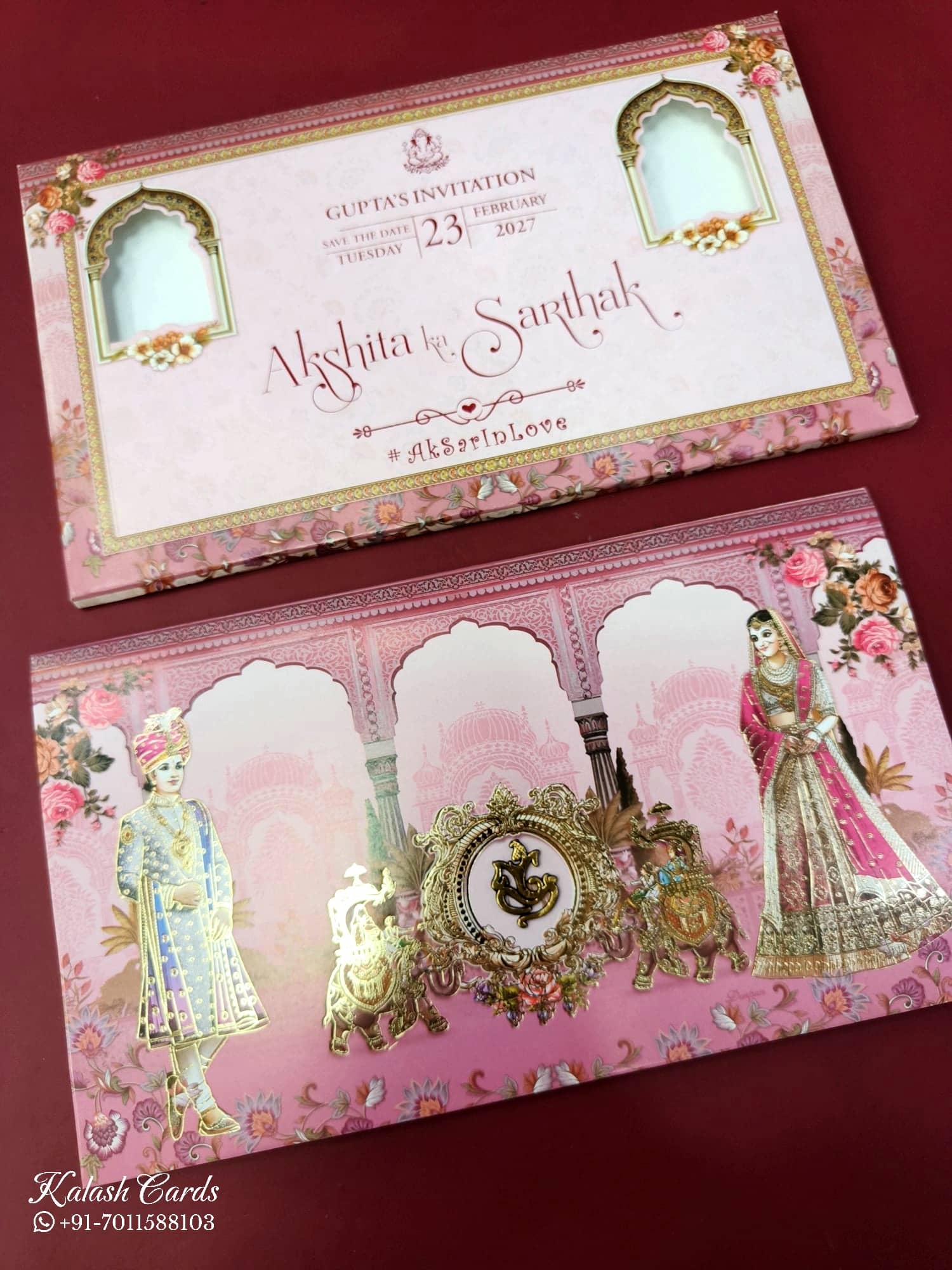 KLB619 Raja Rani Barat Design Pink Color Semi Box Wedding Card (2 Page)