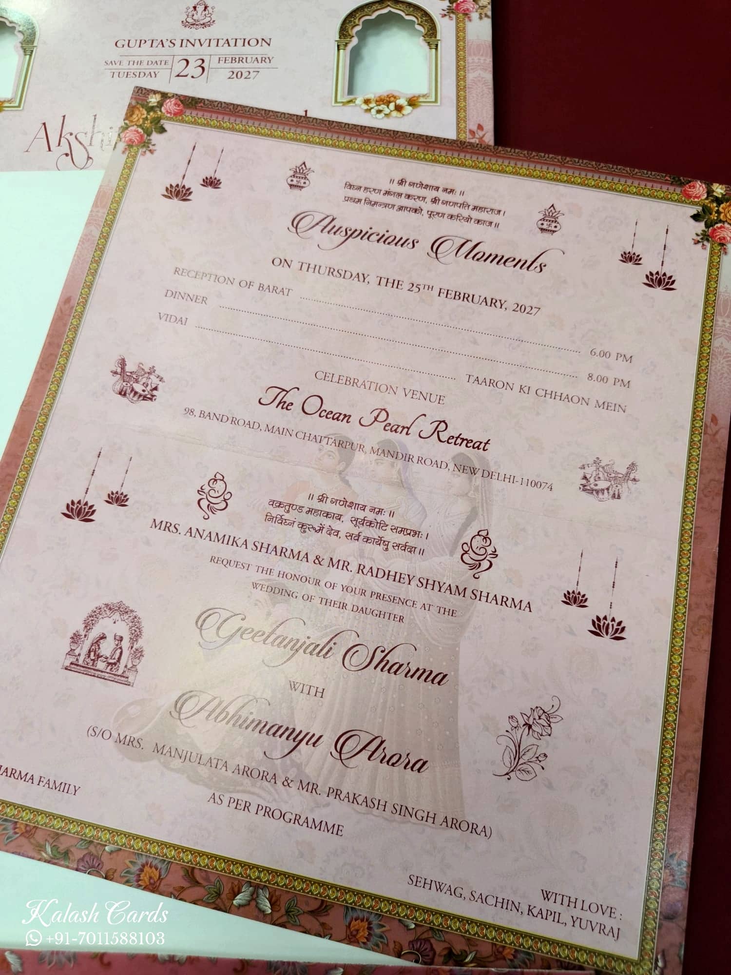 KLB619 Raja Rani Barat Design Pink Color Semi Box Wedding Card (2 Page)