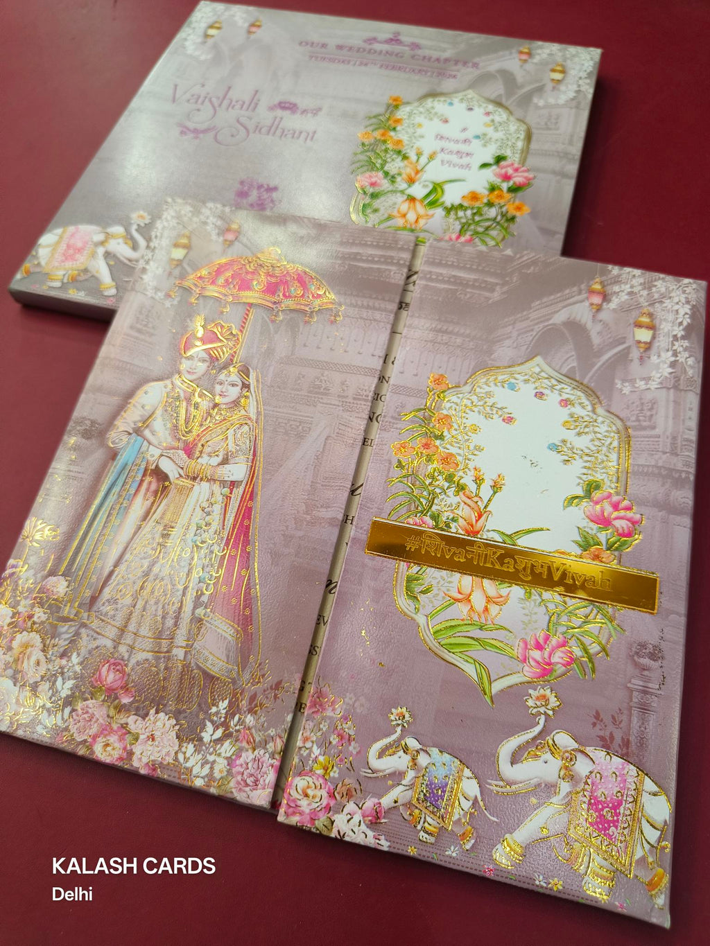 KLB619 Raja Rani Barat Design Padding Hardboard Thick Wedding Card (2 Page & Couple Name Acrylic Mirror)-Kalash Cards