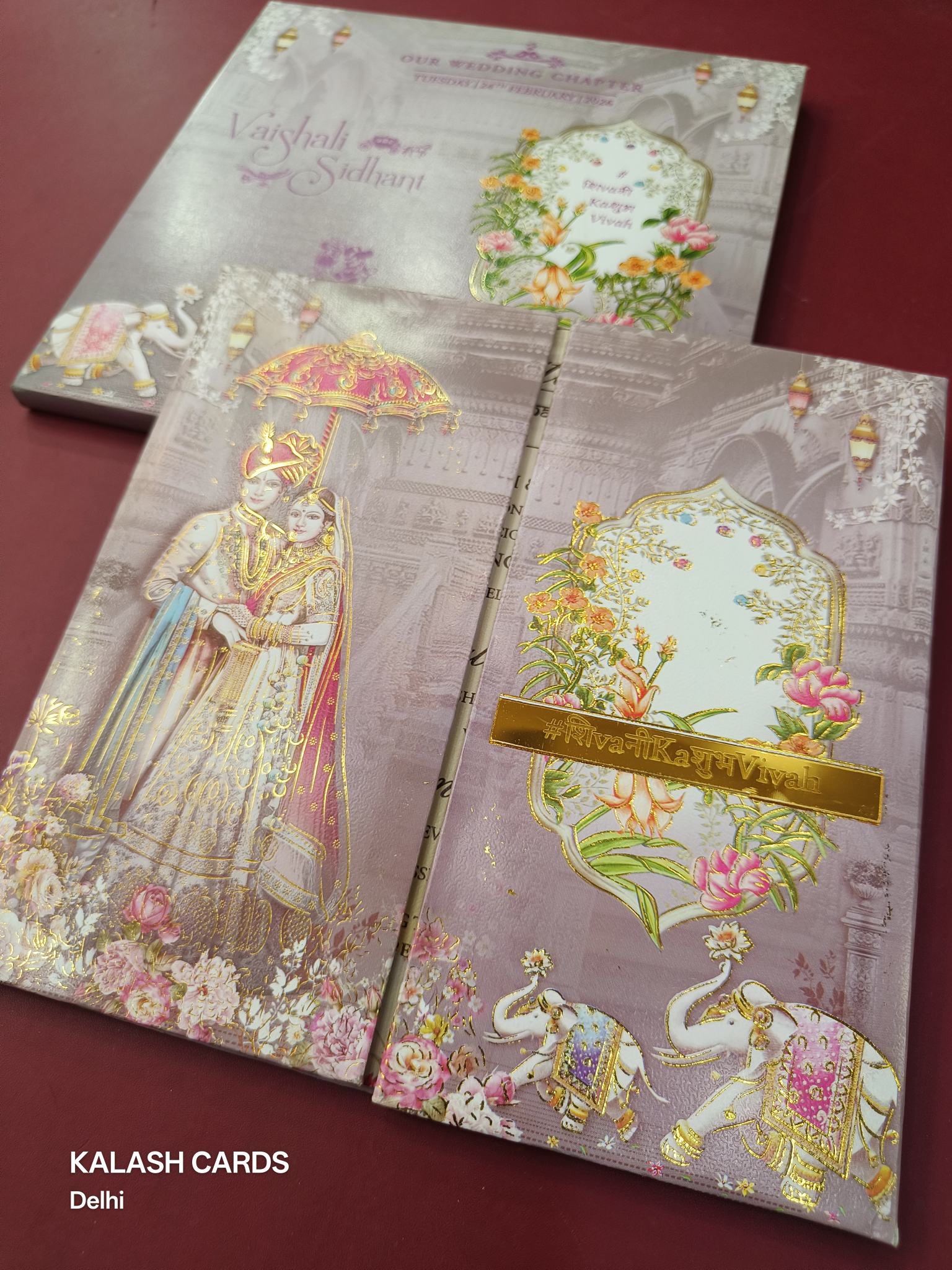 KLB619 Raja Rani Barat Design Padding Hardboard Thick Wedding Card (2 Page & Couple Name Acrylic Mirror)-Kalash Cards