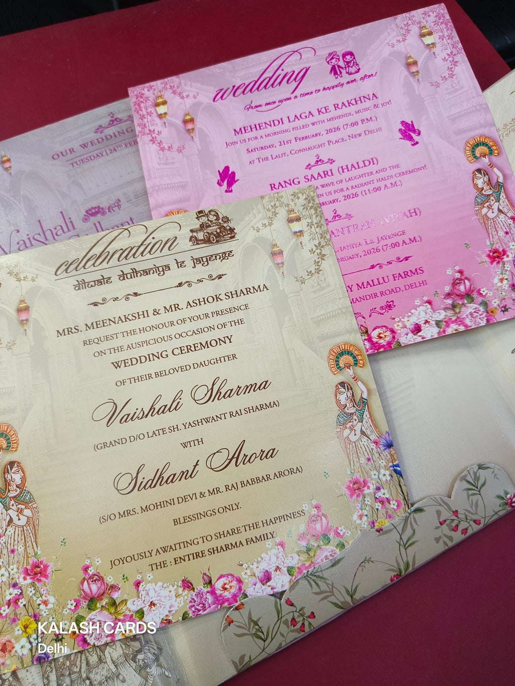 KLB619 Raja Rani Barat Design Padding Hardboard Thick Wedding Card (2 Page & Couple Name Acrylic Mirror)-Kalash Cards