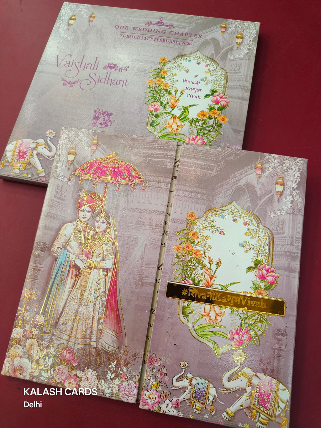 KLB619 Raja Rani Barat Design Padding Hardboard Thick Wedding Card (2 Page & Couple Name Acrylic Mirror)-Kalash Cards
