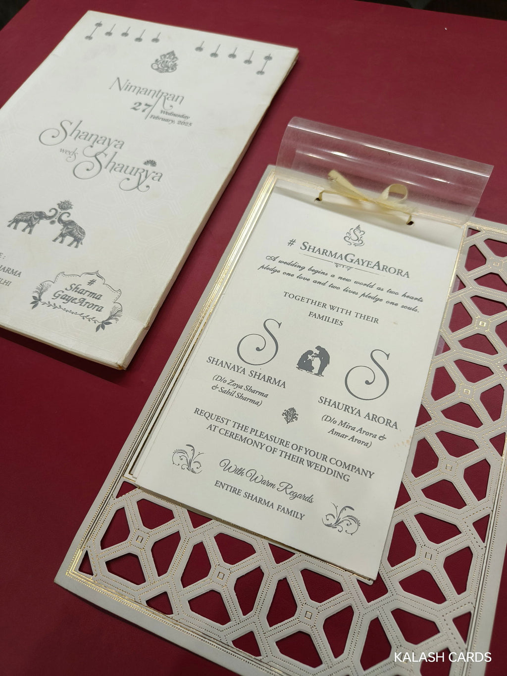 KLB619 Semi Box Paper Wedding Card with 2 Inserts & 1 Transparent Insert - Kalash Cards