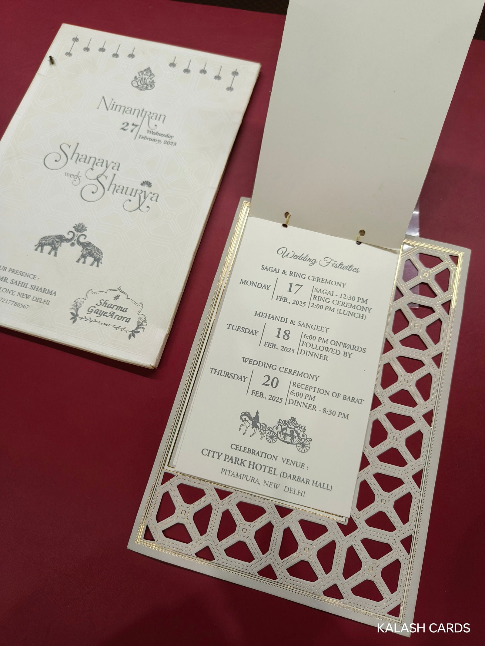 KLB619 Semi Box Paper Wedding Card with 2 Inserts & 1 Transparent Insert - Kalash Cards