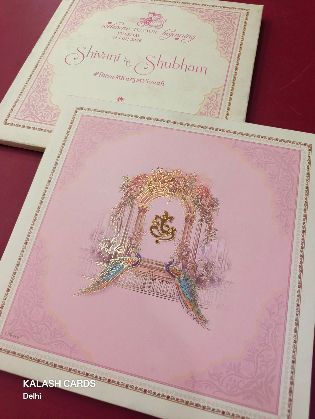 KLB620 Royal Peacock Arch Theme Padding Hardboard Thick Wedding Card (2 Page)-Kalash Cards