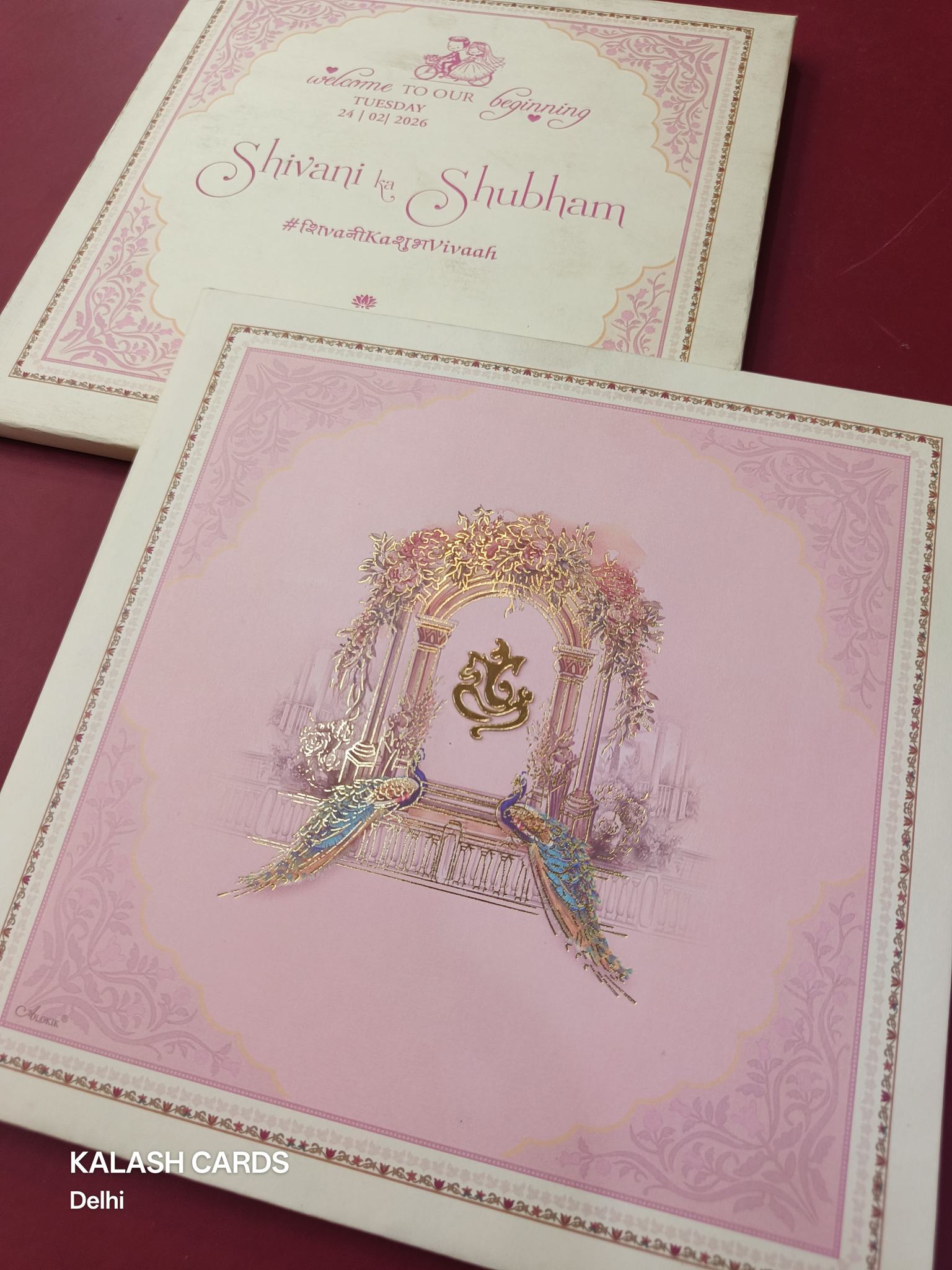 KLB620 Royal Peacock Arch Theme Padding Hardboard Thick Wedding Card (2 Page)-Kalash Cards