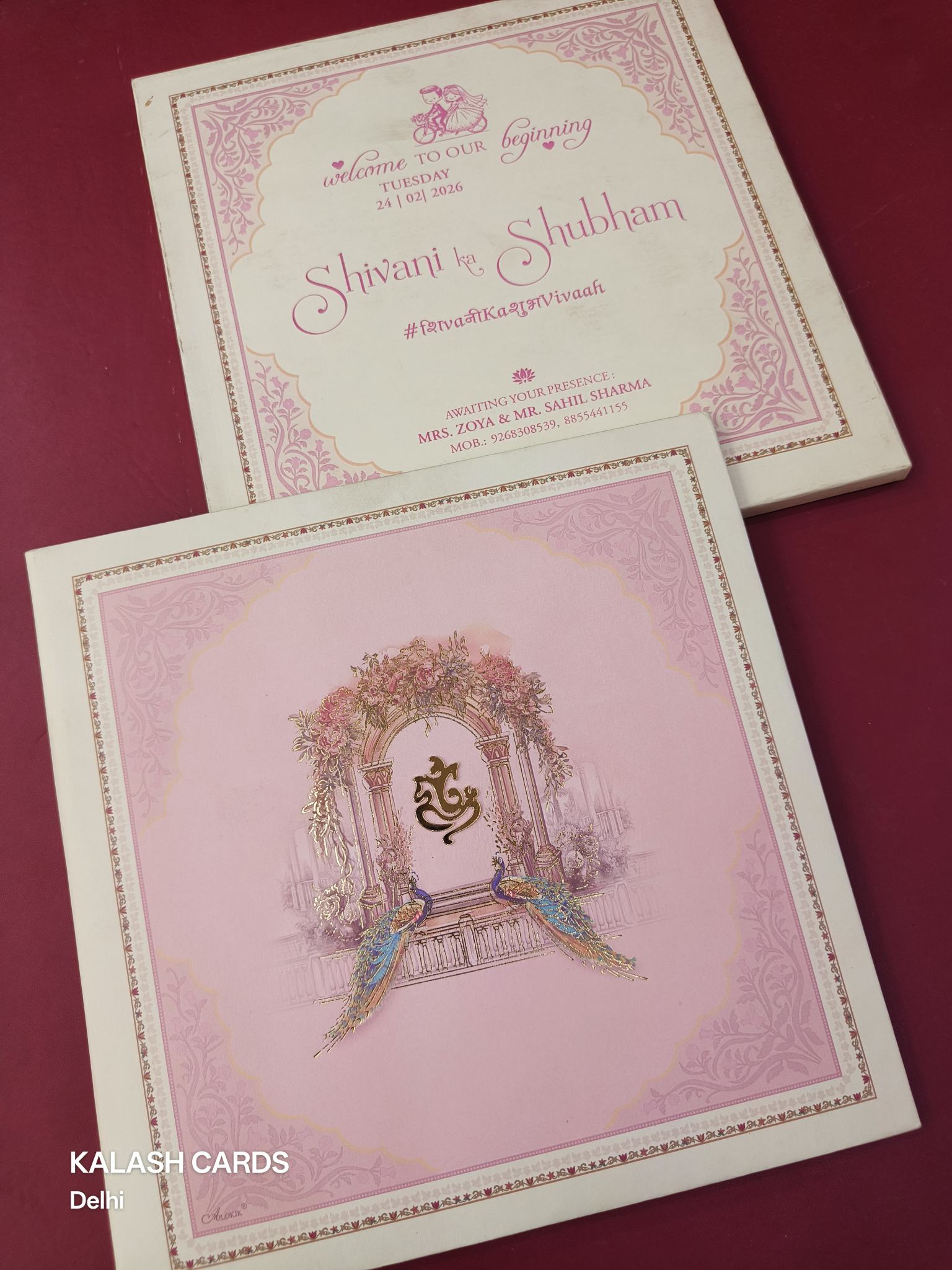 KLB620 Royal Peacock Arch Theme Padding Hardboard Thick Wedding Card (2 Page)-Kalash Cards