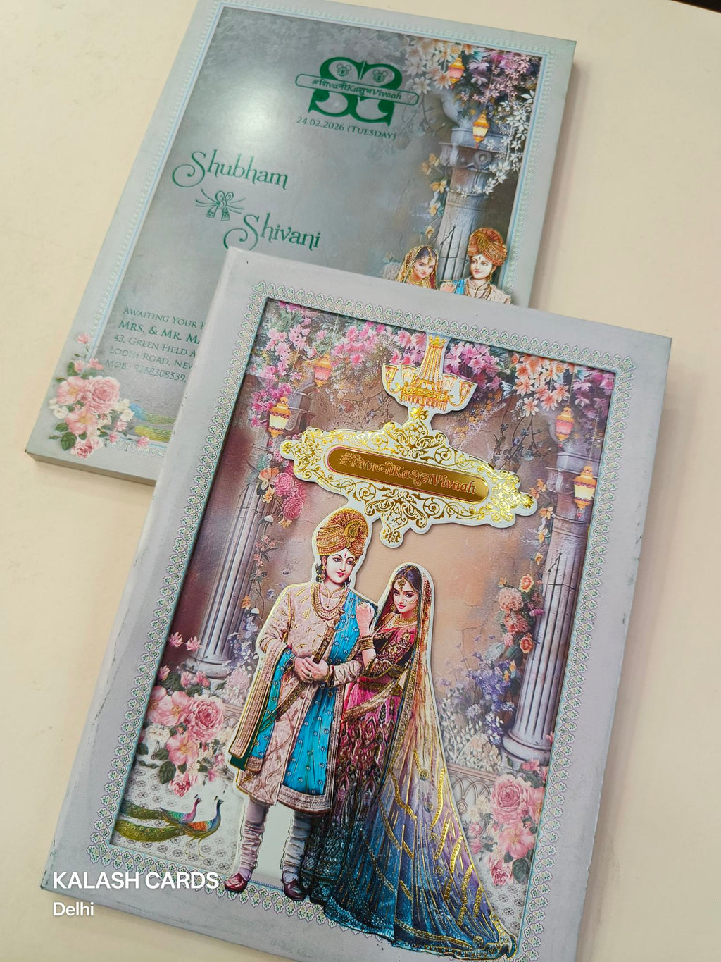 KLB621 Laser Cut Raja Rani Theme Padding Hardboard Thick Wedding Card (2 Page & Couple Name Acrylic Mirror)-Kalash Cards