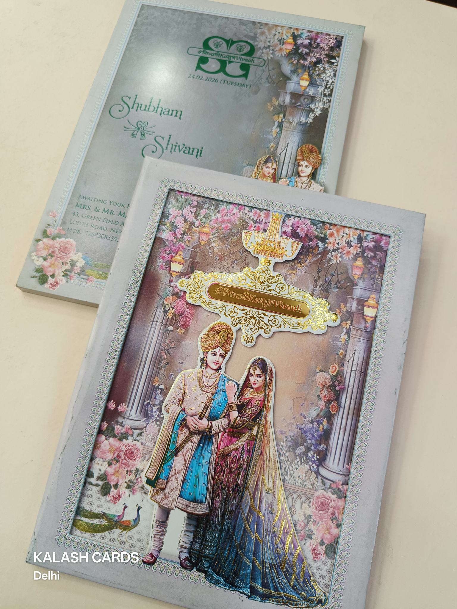 KLB621 Laser Cut Raja Rani Theme Padding Hardboard Thick Wedding Card (2 Page & Couple Name Acrylic Mirror)-Kalash Cards