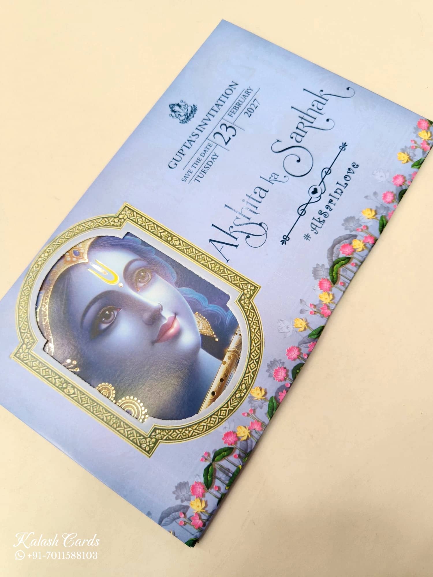 KLB622 Radha Krishna Design Royal Blue Color Semi Box Wedding Card (2 Page)