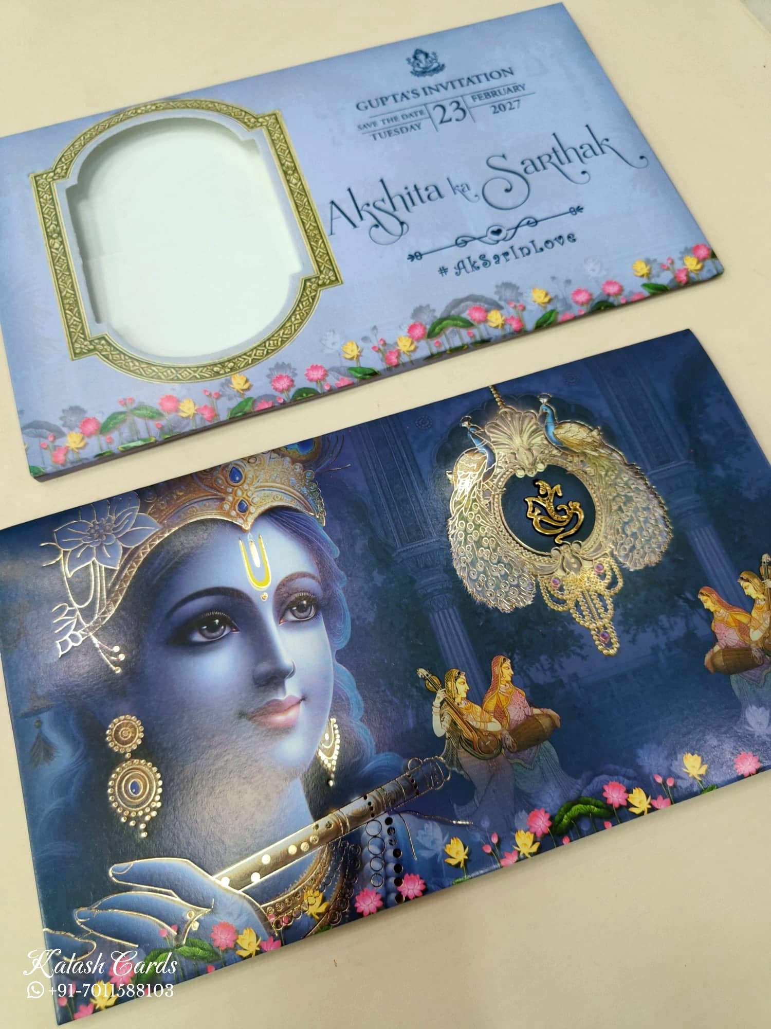 KLB622 Radha Krishna Design Royal Blue Color Semi Box Wedding Card (2 Page)