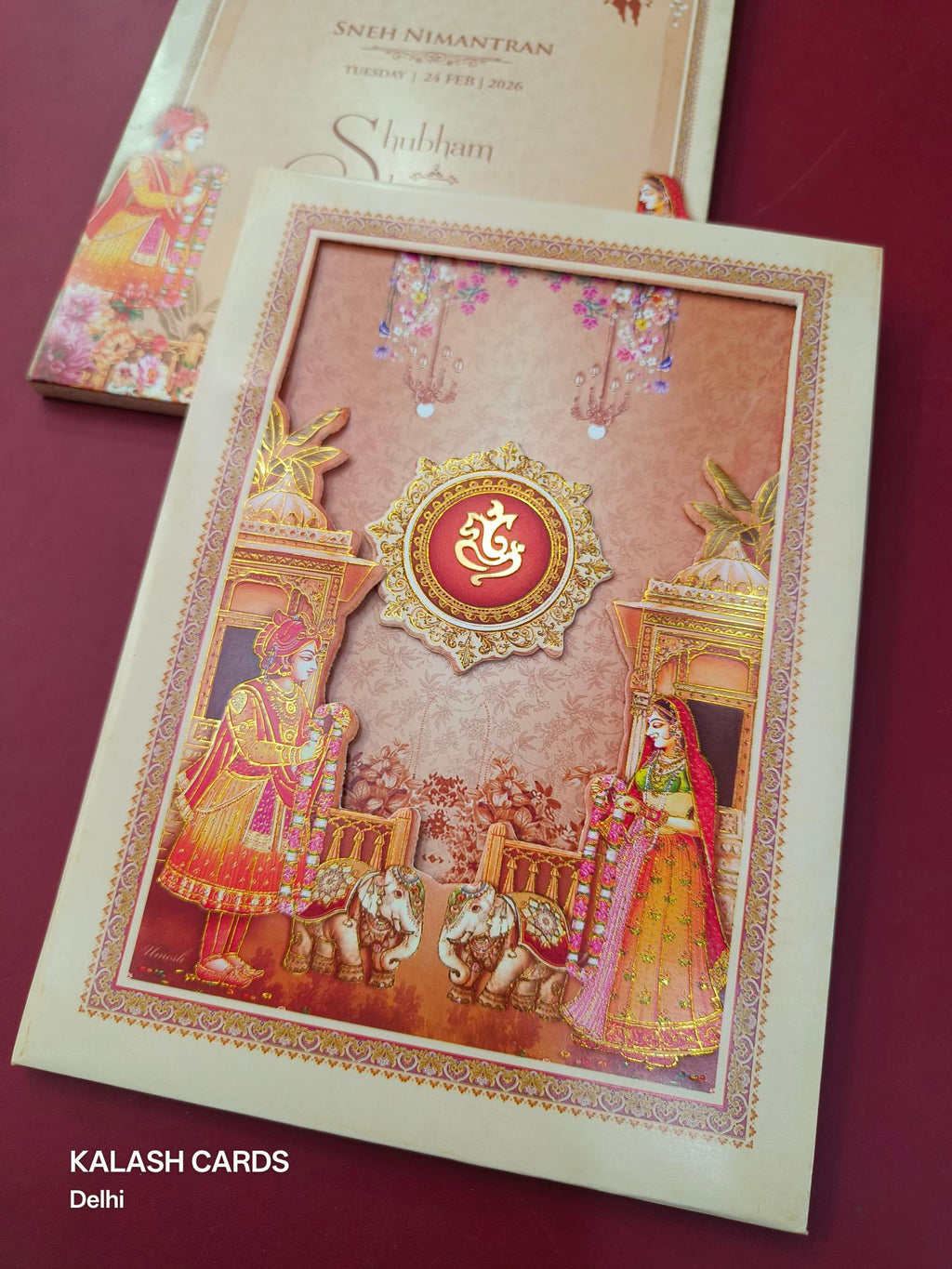 KLB622 Laser Cut Raja Rani Design Padding Hardboard Thick Wedding Card (2 Page)-Kalash Cards