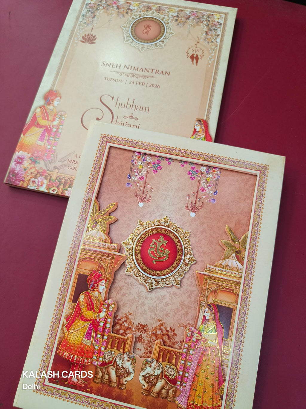 KLB622 Laser Cut Raja Rani Design Padding Hardboard Thick Wedding Card (2 Page)-Kalash Cards