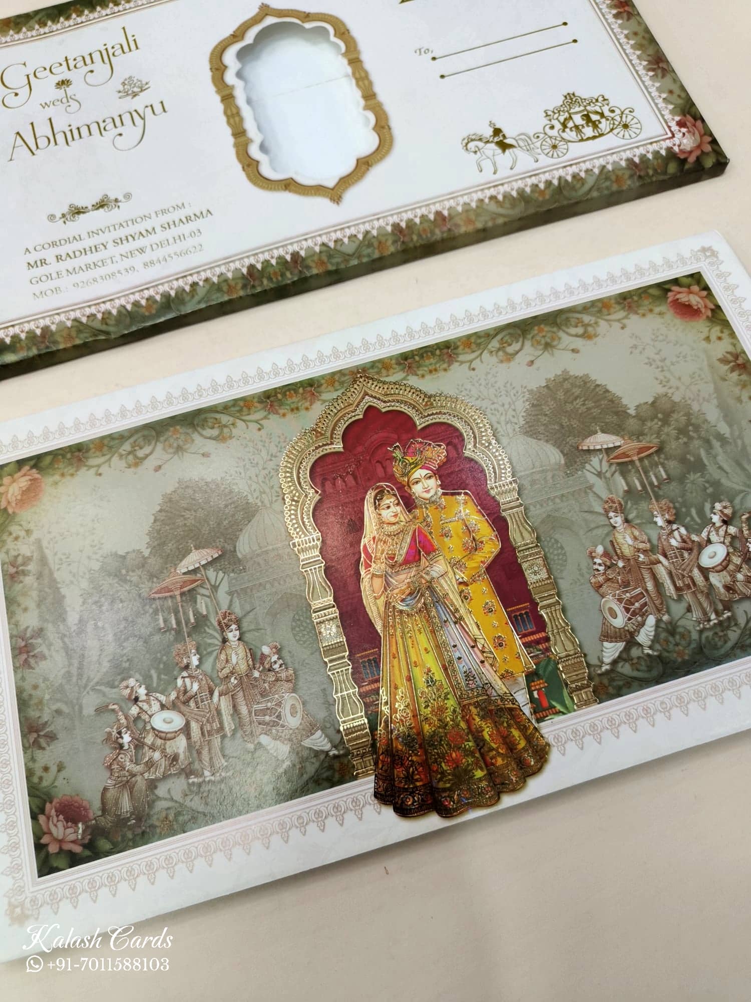 KLB623 Raja Rani Design Green Color Semi Box Wedding Card (2 Page)