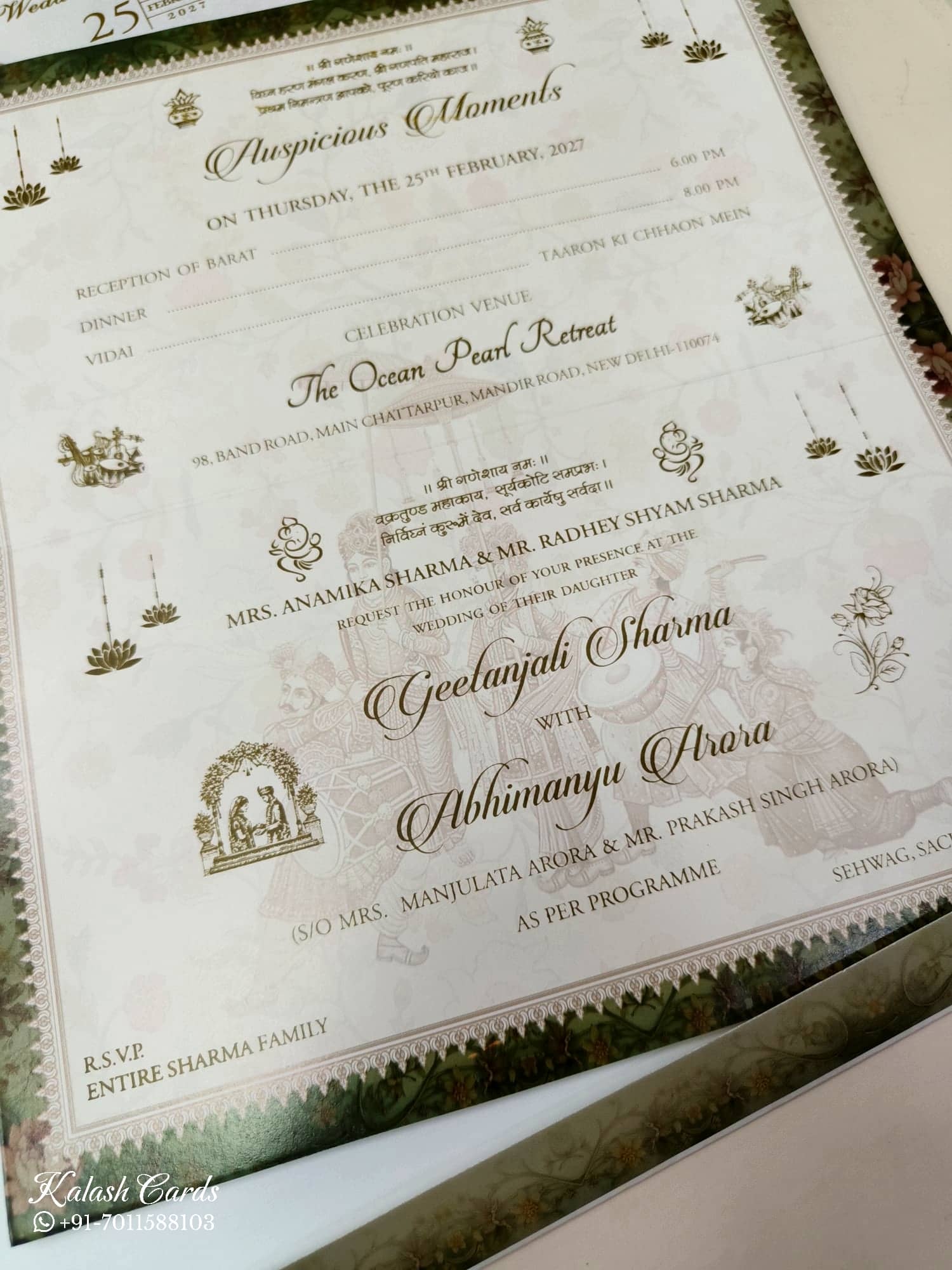 KLB623 Raja Rani Design Green Color Semi Box Wedding Card (2 Page)